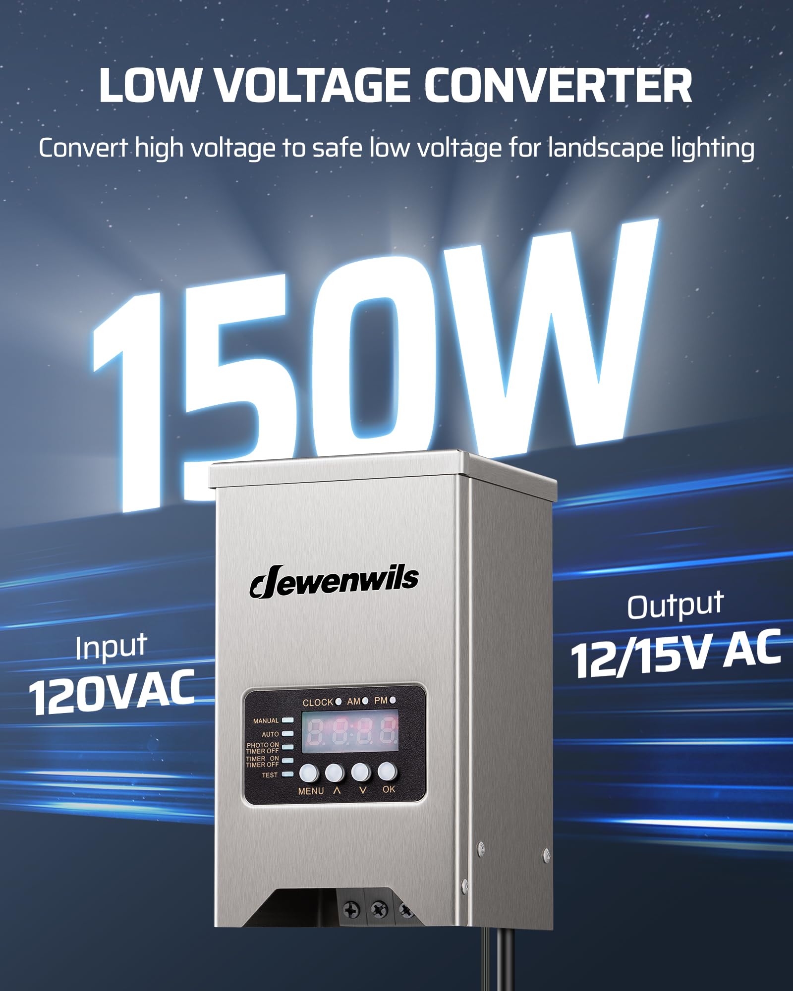 Dewenwils 150W Low Voltage Landscape Transformer, Outdoor Low Voltage Transformers With Photocell Sensor & Timer, 120V Ac To 12V/15V Ac Waterproof, Landscape Lighting Transformer For Led Lighting