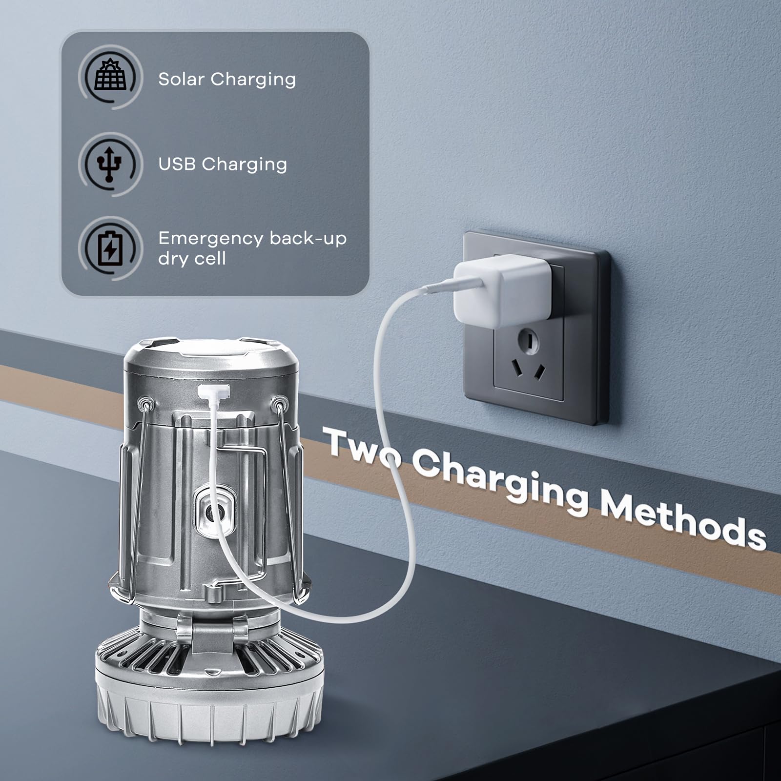 SZJIEIFR Camping Lantern with Fan - Solar Charging, Rechargeable LED, Silver