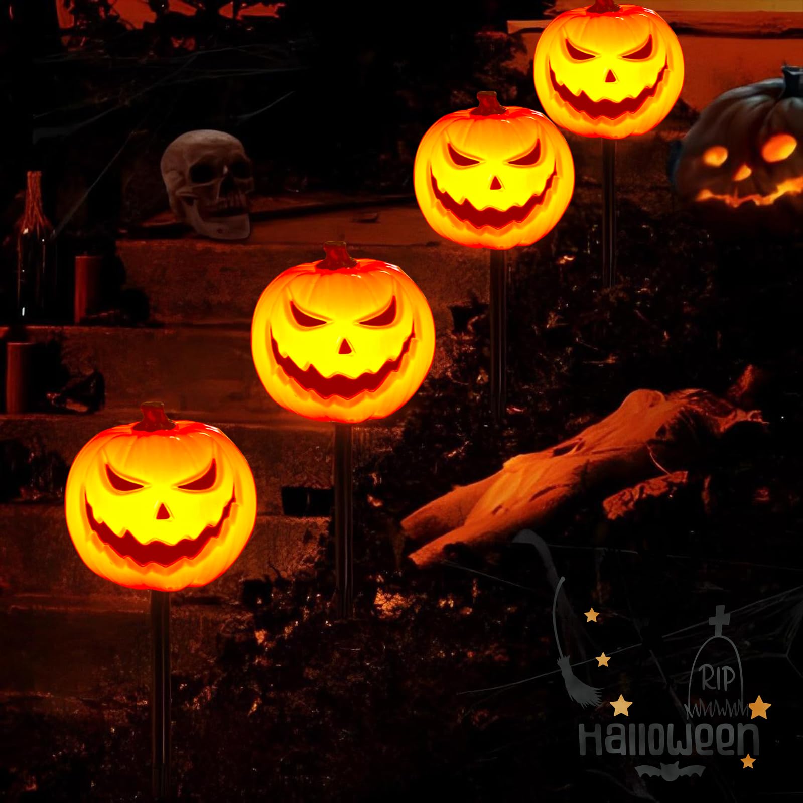 4 Pack Halloween Smiley Pumpkin Pathway Lights, 7Ft LED Decorative Outdoor String Lights Plug in With 4 Jack O Lantern Stakes fo