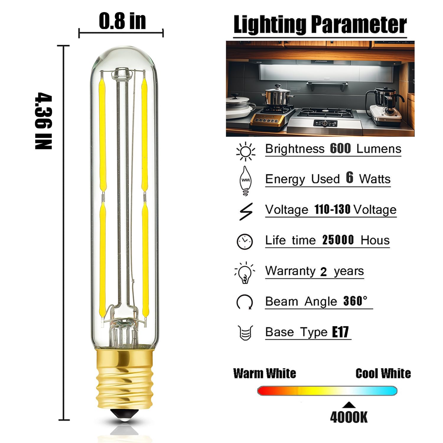 Lvye E17 Led Tubular Light Bulbs 6W,T20 Dimmable Led Light Bulbs 60 Watt,4000K Daylight,Led Tube Bulb For Refrigerator,Exit Sign