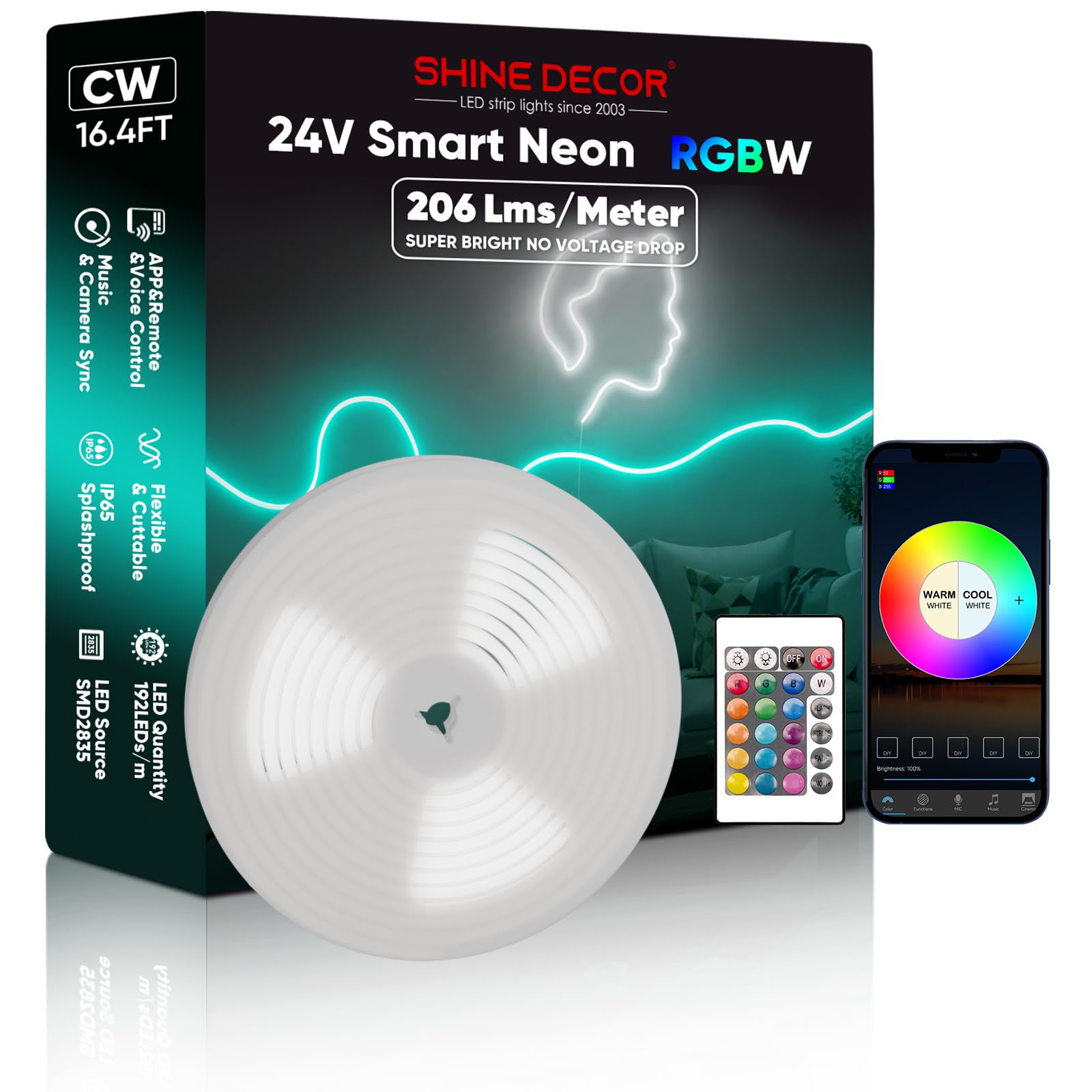 Shine Decor 24V Smart Neon Rope Lights, RGB+Cool White, 5m/16.4ft, Flexible Waterproof, Remote APP WiFi Control, Music Sync