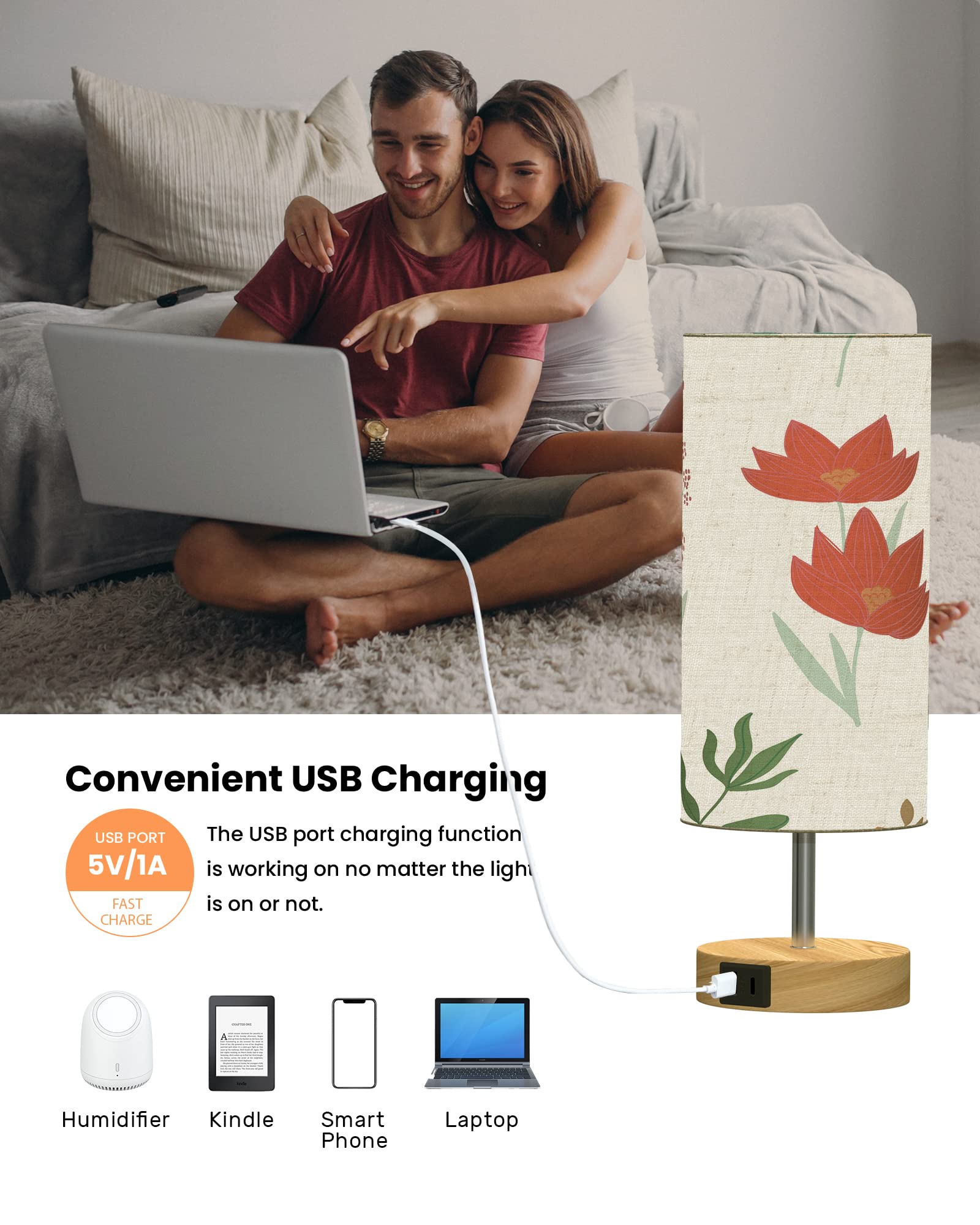 Lanmonlily Touch Bedside Lamp With Two Usb Charging Ports - Three-Way Adjustable Brightness Table Lamp With Patterned Linen Shad