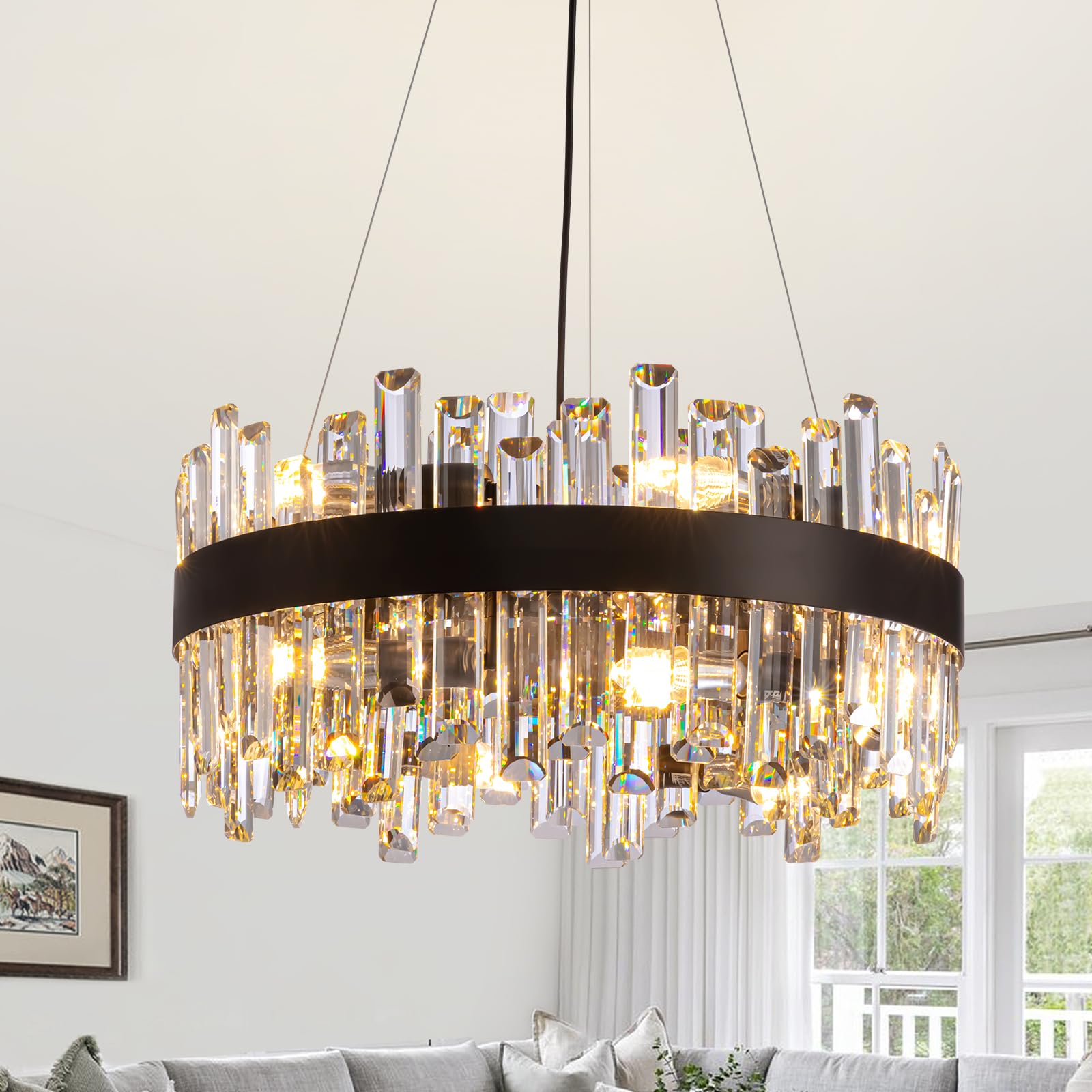 Siljoy Modern Crystal Chandelier Black Round Semi Flush Mount Pendant Ceiling Light 12 Lights Farmhouse 2 Tiers Crystal Raindrop