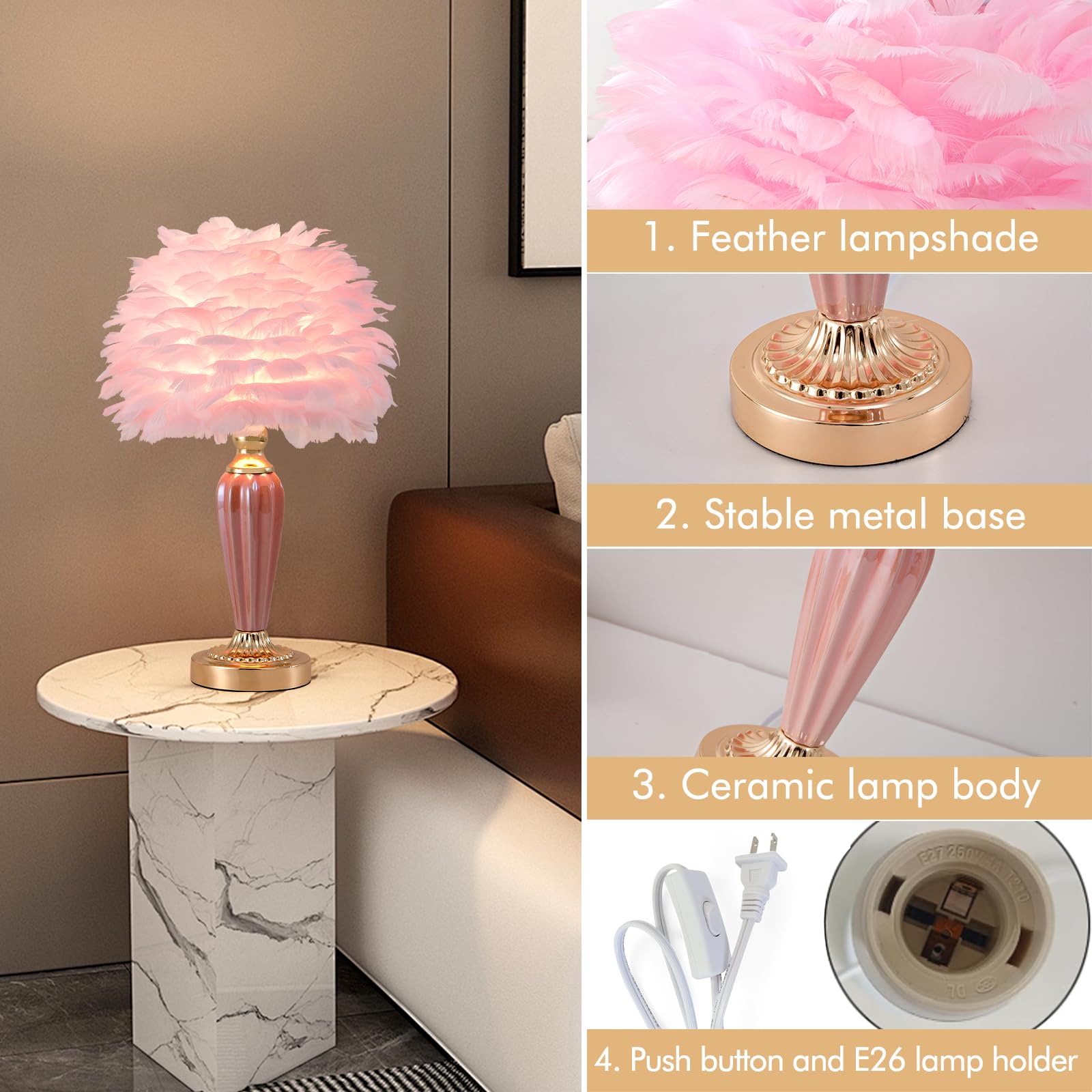 Zyleisenbao Pink Feather Lamp Creative Bedside Lamp Feather Table Lamp Cute Furry Goose Nightstand Light For Girl Bedroom Wedding Decor Living Room Hotel Office Valentines Dating Gift