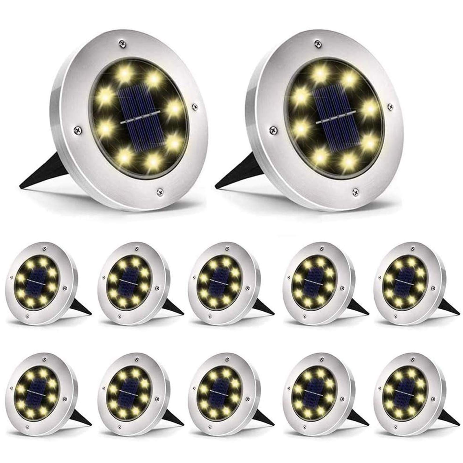 Aogist Solar Ground Lights, 12 Packs, 8 LED Waterproof Disk Lights, Stainless Steel, Warm White, Model DMD-1214