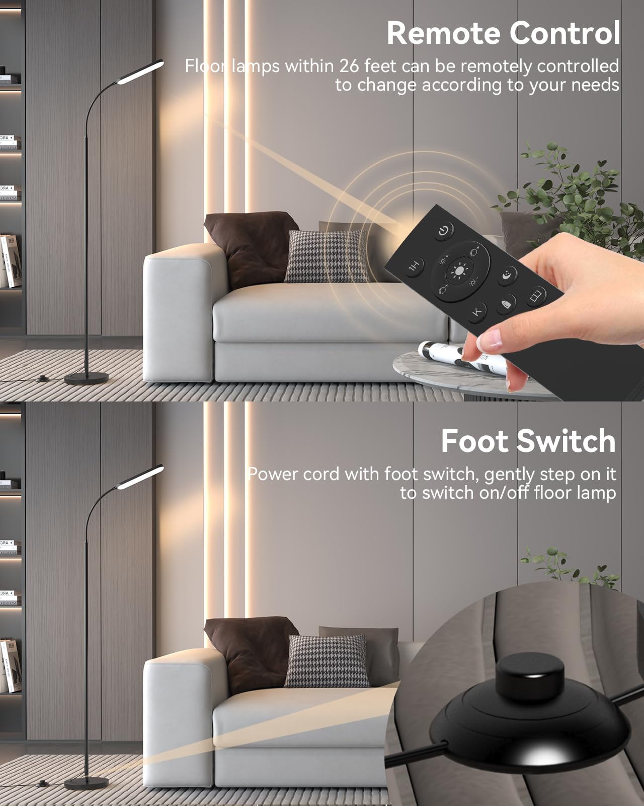 tigial LED Floor Lamp - 15W with Remote & Touch Control, Adjustable Brightness, Gooseneck Design, Black
