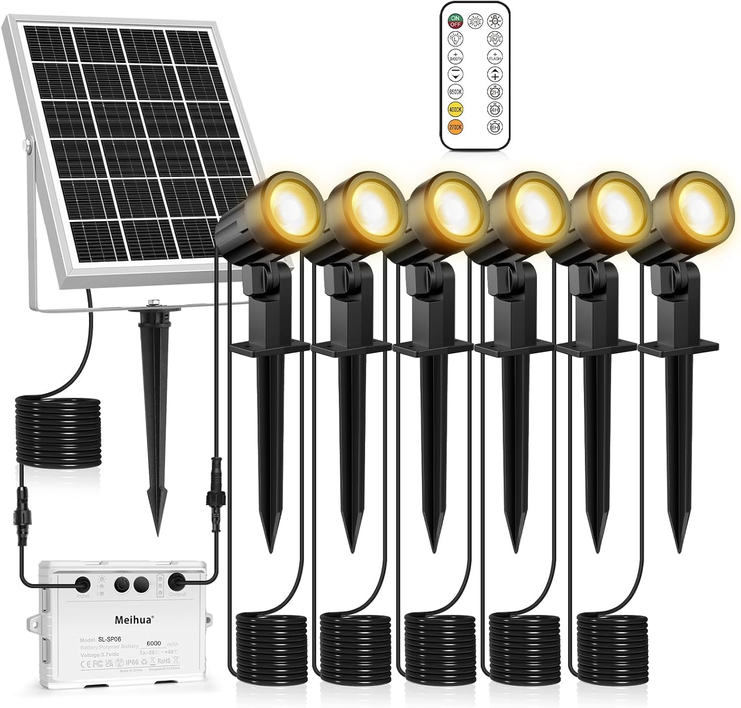 MEIHUA 6 in 1 Solar Spot Lights Outdoor  Solar Landscape Spotlights 2700K/4000K/6500K  3 Brightness & Remote Control  IP66 Waterproof Spotlights Outdoor Garden for Pathway Driveway Tree