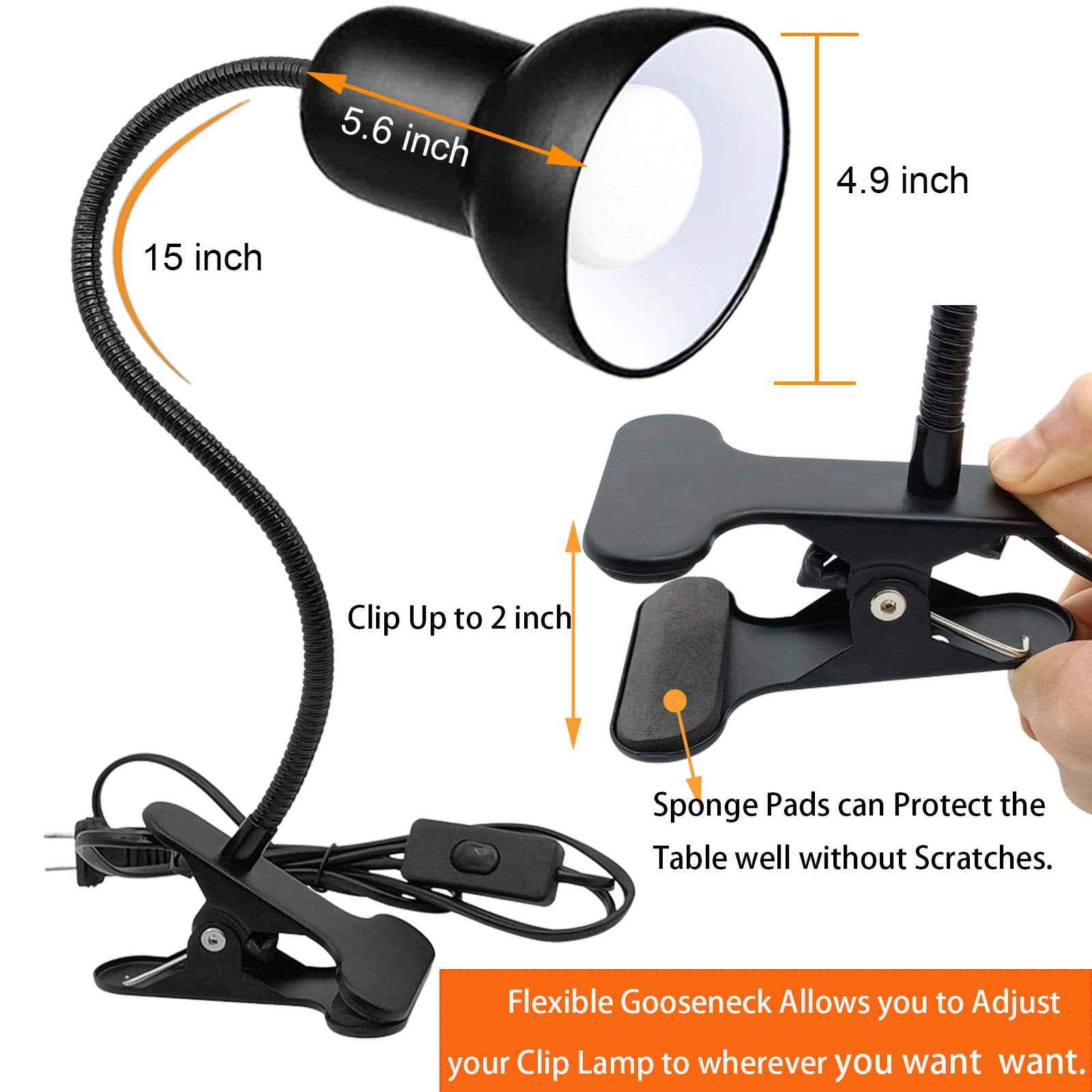 Beser·Win 360° Rotation Clip-On Desk Lamp, Portable Gooseneck Reading Light, Black, Plug-In, Model ME-Desk Lamp-0008