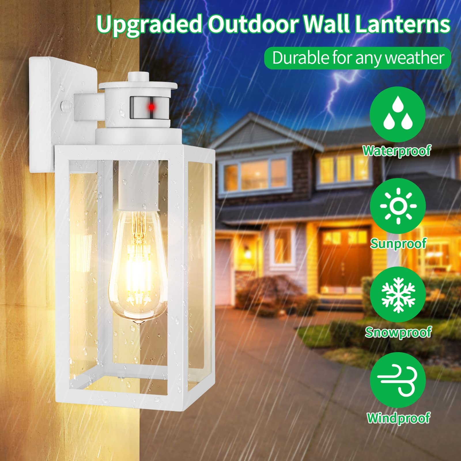 2-Pack Motion Sensor Outdoor Wall Lantern, Dusk To Dawn Exterior Light Fixtures Wall Mount, White Outside Light For House, Water