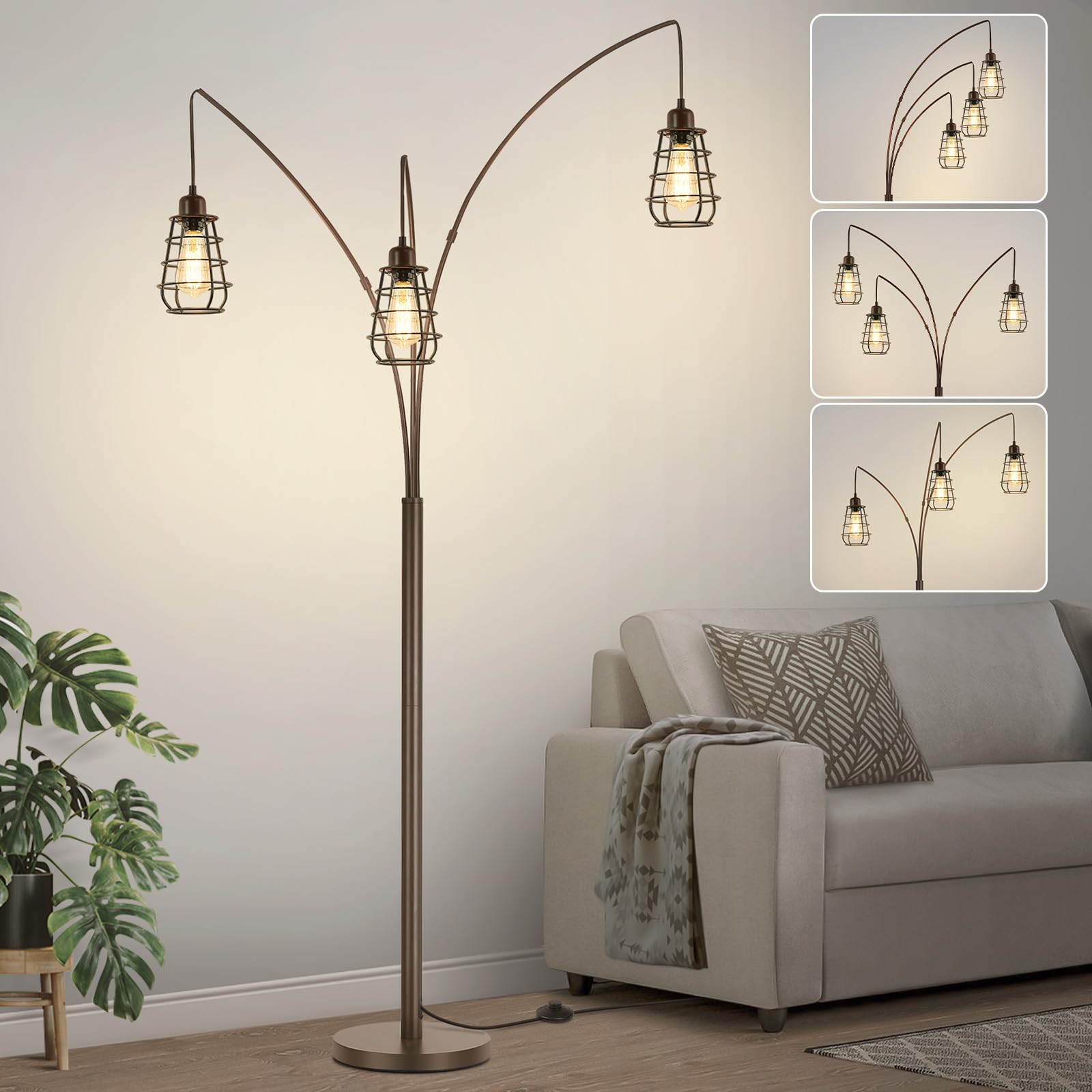 Industrial Floor Lamp, 3 Light Arc Floor Lamps for Living Room, 76 Inch Tall Standing Lamp with Metal Cage Shades & Foot Switch,