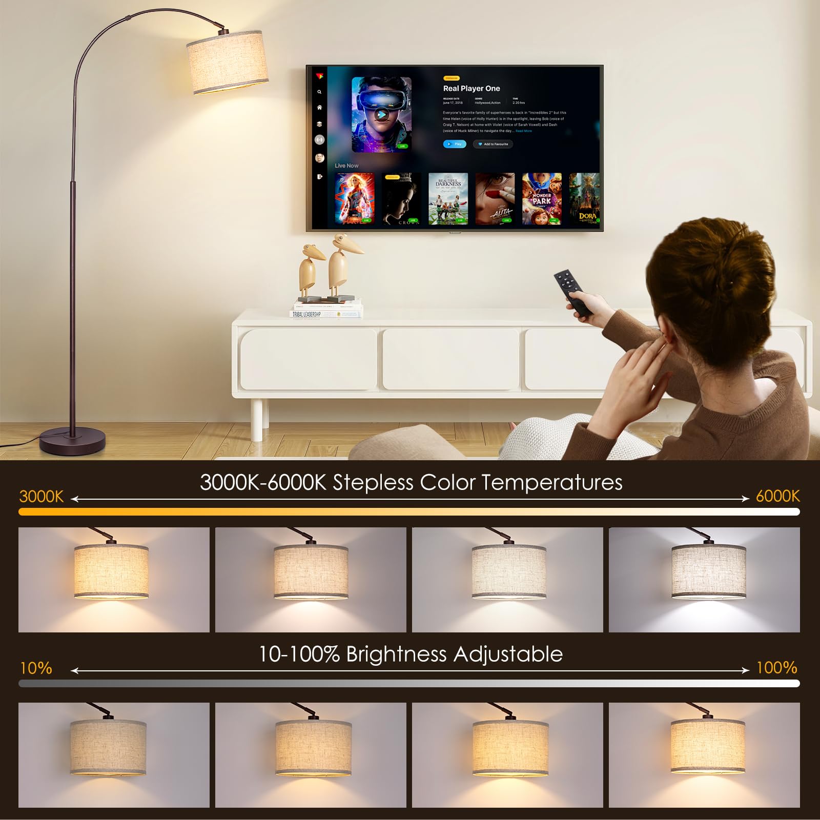Qingmiao Arc Floor Lamp with Remote, Dimmable Bulb, Metal, Brown, Model QM-FL-ARC