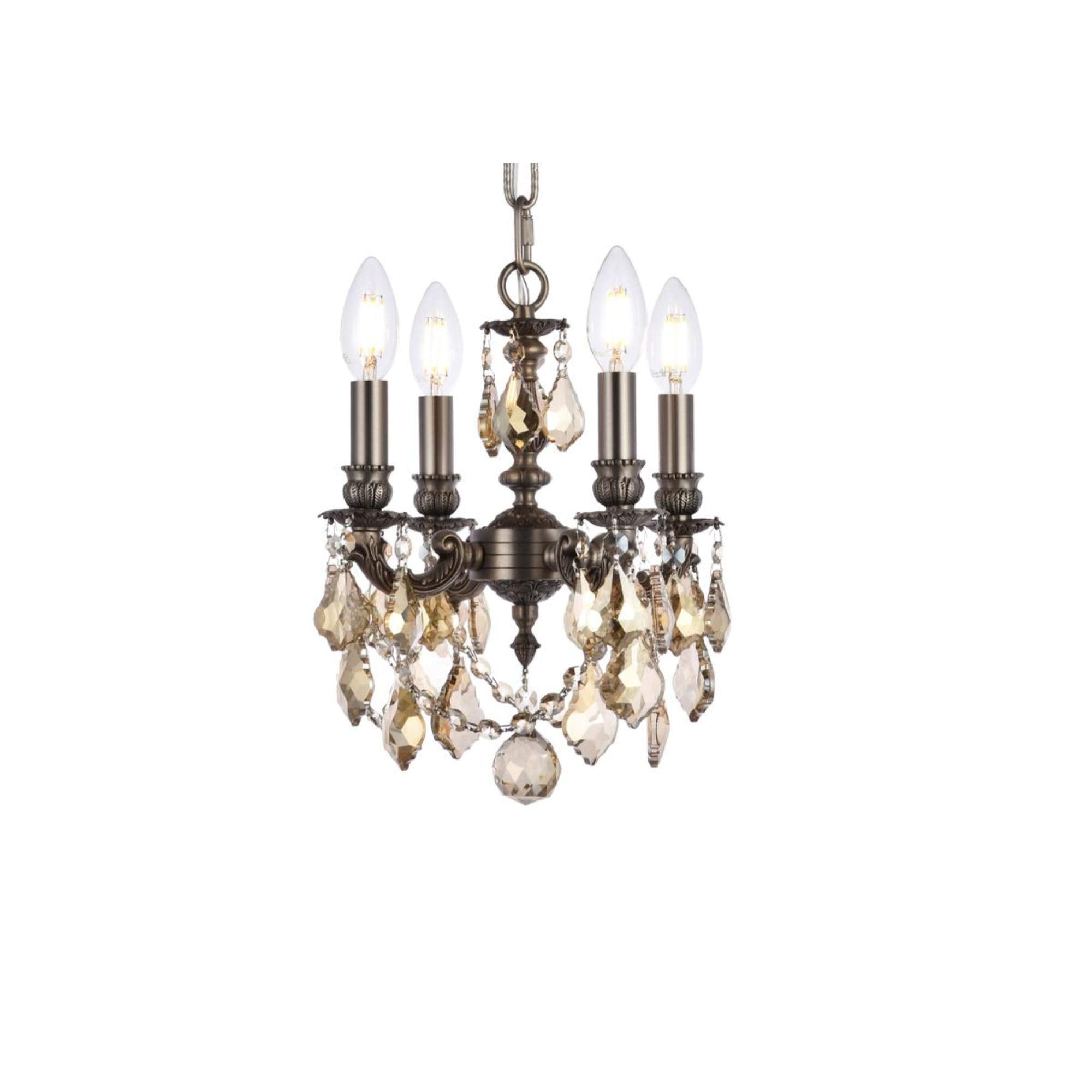 Elegant Lighting Royal Cut Crystal Chandelier, 4-Light, Pewter Finish, 10inW x 10inH, Model 9104D10PW-GT/RC, Smoky Golden Teak