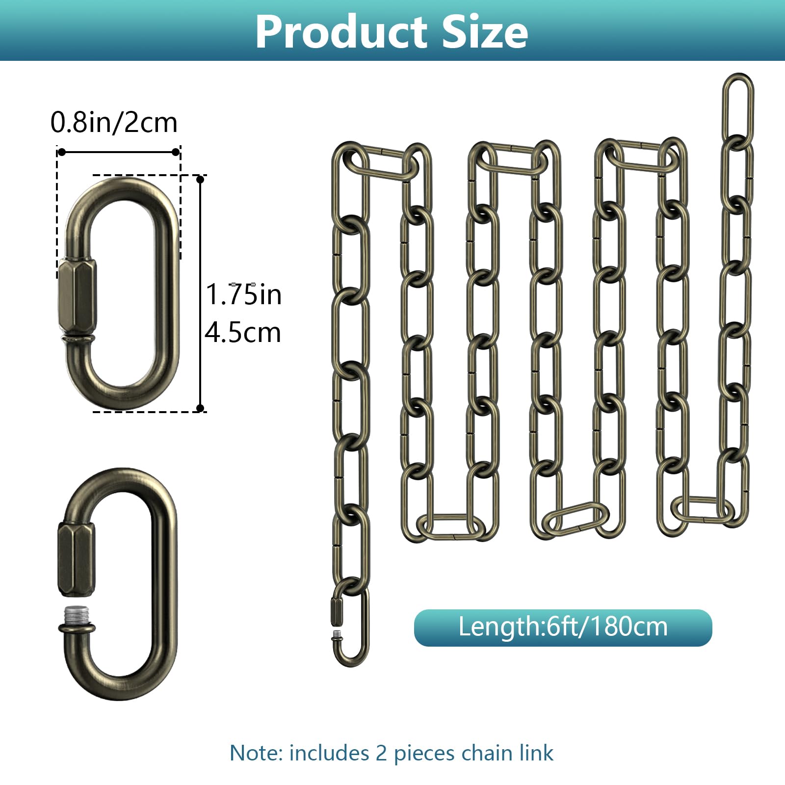 Garini 6 Feet Industrial Bronze Light Fixture Chain, Adjustable Metal Pendant Chandelier Chain Extension With Detachable Link, 2