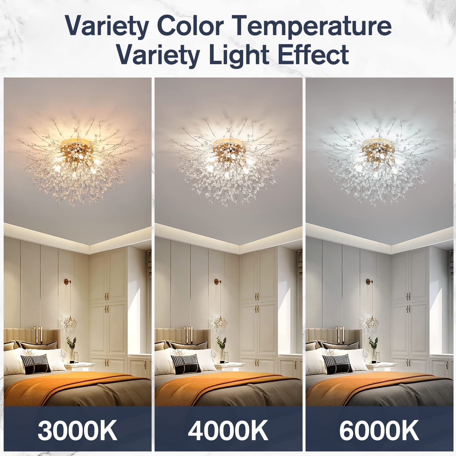 6-Light Sputnik Flush Mount Ceiling Light Fixture, Modern Gold Crystal Firework Ceiling Lights, Close To Ceiling Lamp For Bedroo