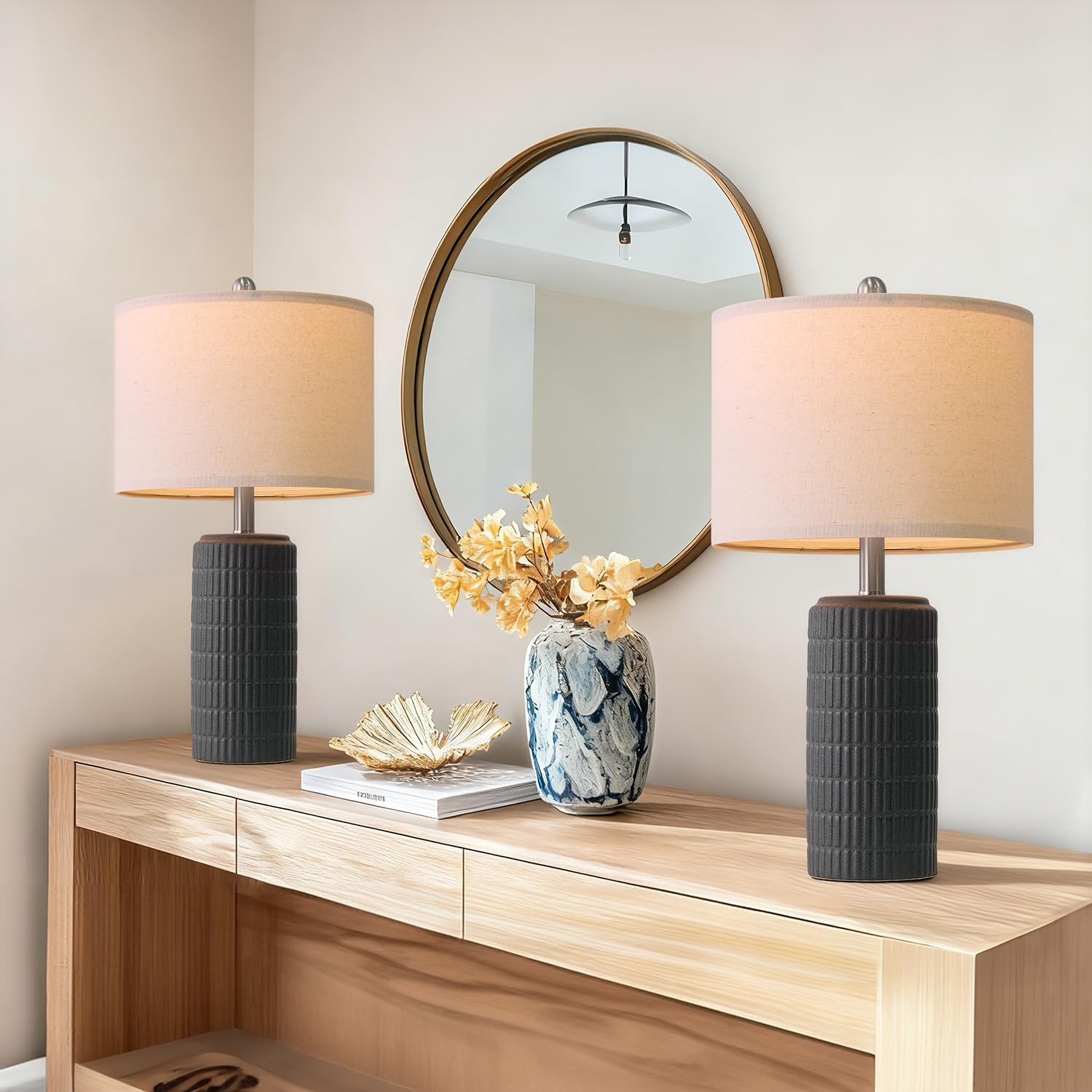 PoKat 23 Matte-Textured Ceramic Table Lamps Set of 2 for Bedroom  Stone-Like Modern Bedside Lamps for Night Stands  Farmhouse Nightstand Table Lamps Decor for Living Room End Table Black