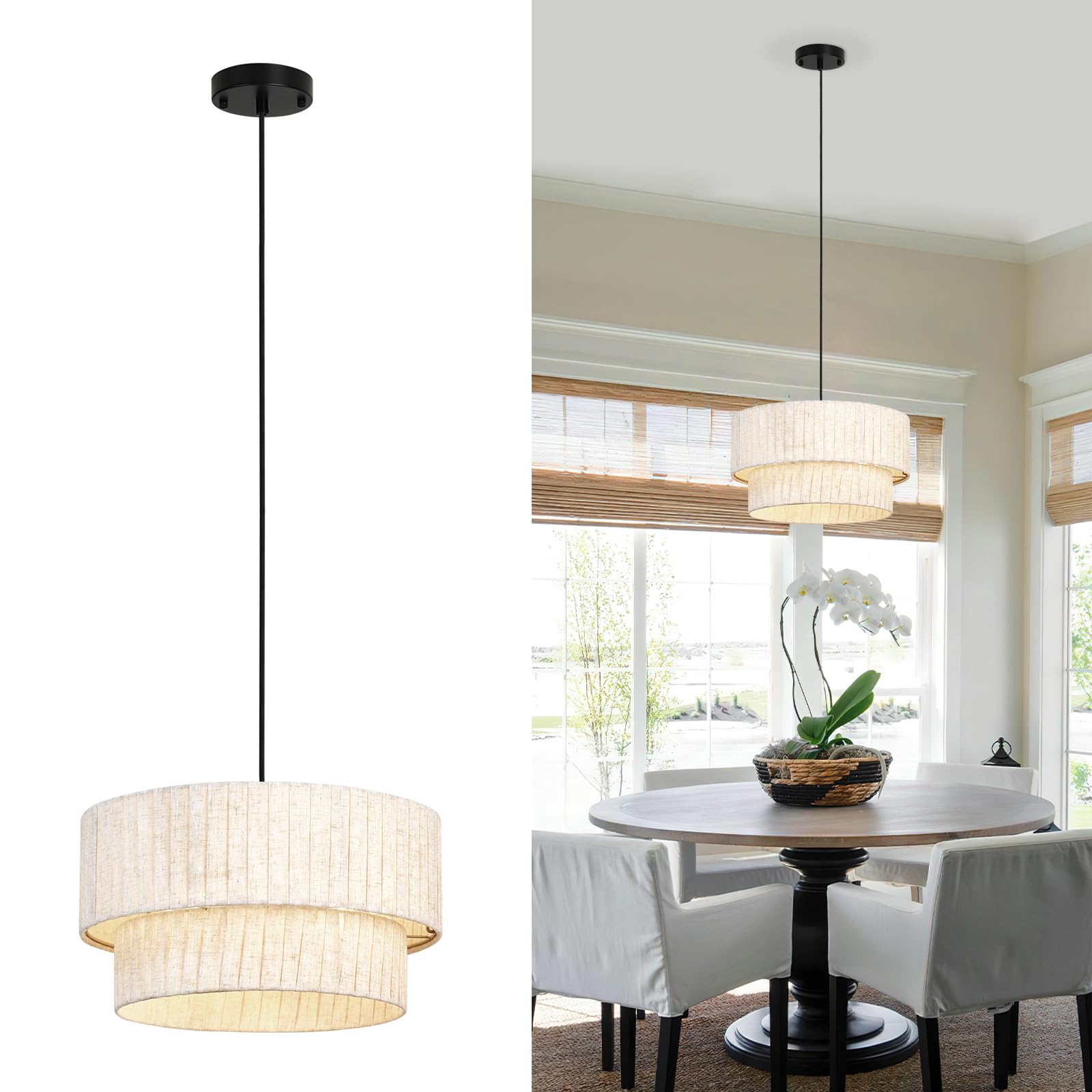 HILUXIA 16 Inch Modern Farmhouse Chandelier - Layered Linen Strips Hanging Pendant Light, Dimmable Rustic Lighting Fixture for D