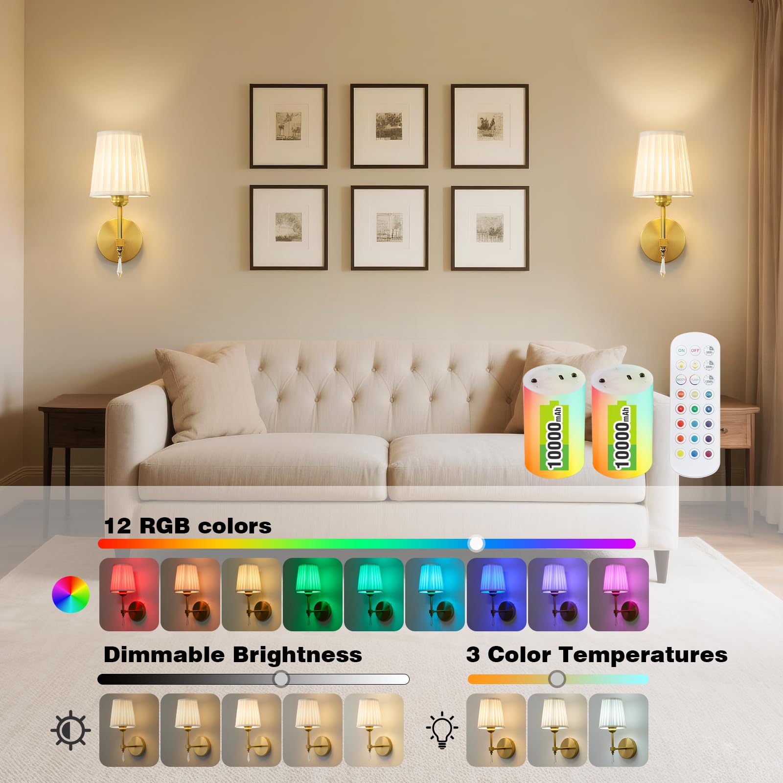 eypid Battery Operated Wall Sconce Set of 2, 10000mAh, Dimmable, RGB, Gold, Fabric, Model JB0030