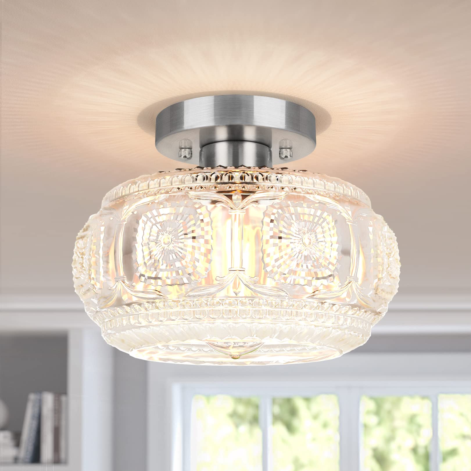 OYKYOHEI Brushed Nickel Semi Flush Mount Ceiling Light, Glass Shade Modern Ceiling Light Fixture, Lighting for Hallway Bedroom E