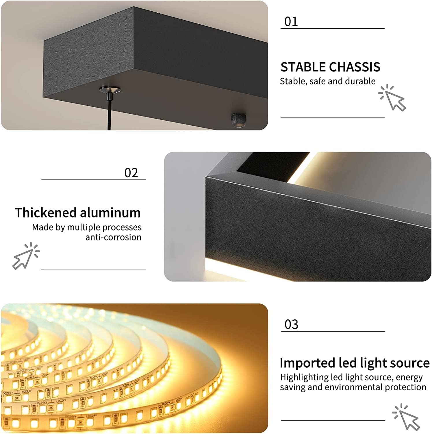 Matven Modern Pendant Lights - Dimmable LED Chandelier, 2-Ring Rectangles, Black, 15.7+23.6in for Living Room, Kitchen, Dining Room