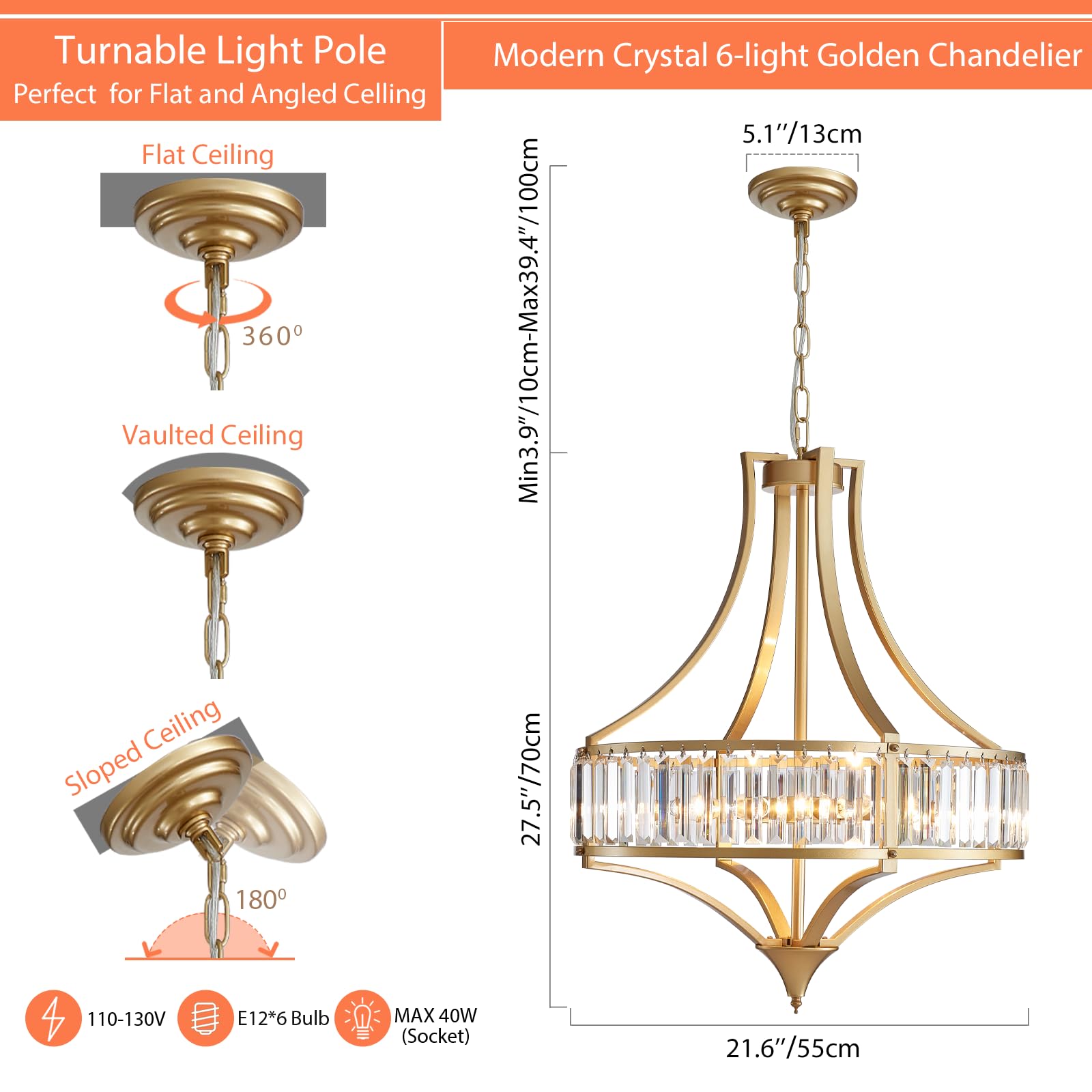 Majhoiw 21.6" Gold Crystal Chandelier - 6-Light Modern Dining Room Fixture for Kitchen, Hallway, Bedroom, Foyer - Model MJ032-NEW-GD