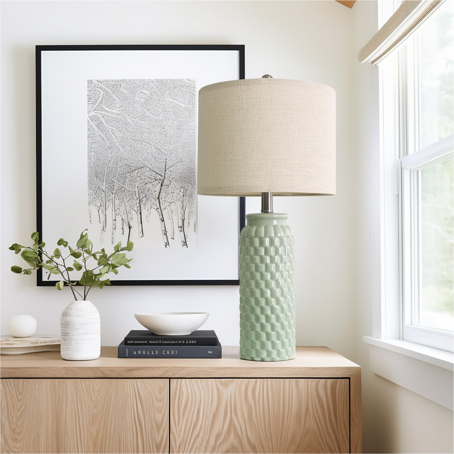 Usumkky 24'' Modern Ceramic Green Bedside Lamp Set Of 2 Table Lamp For Bedroom Decor Farmhouse Table Lamp For Living Room Office