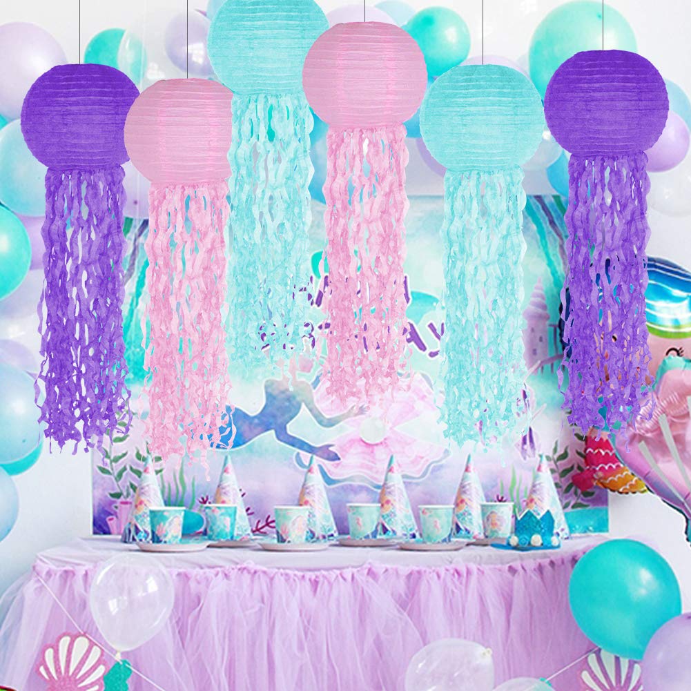 zilue Jelly Fish Paper Lanterns Set of 6, Paper, Pink Purple Blue, Model ZL1006, Mermaid Unicorn Theme Party Decorations