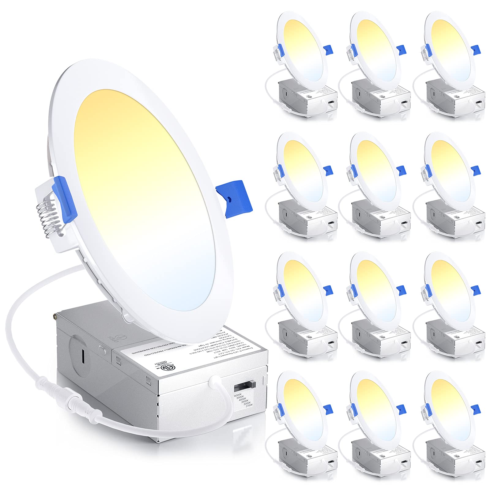 Ensenior 12 Pack 6 Inch Ultra-Thin Led Recessed Light With Junction Box, 2700K-6000K Selectable, 12W 110W Eqv, Dimmable, 1050Lm