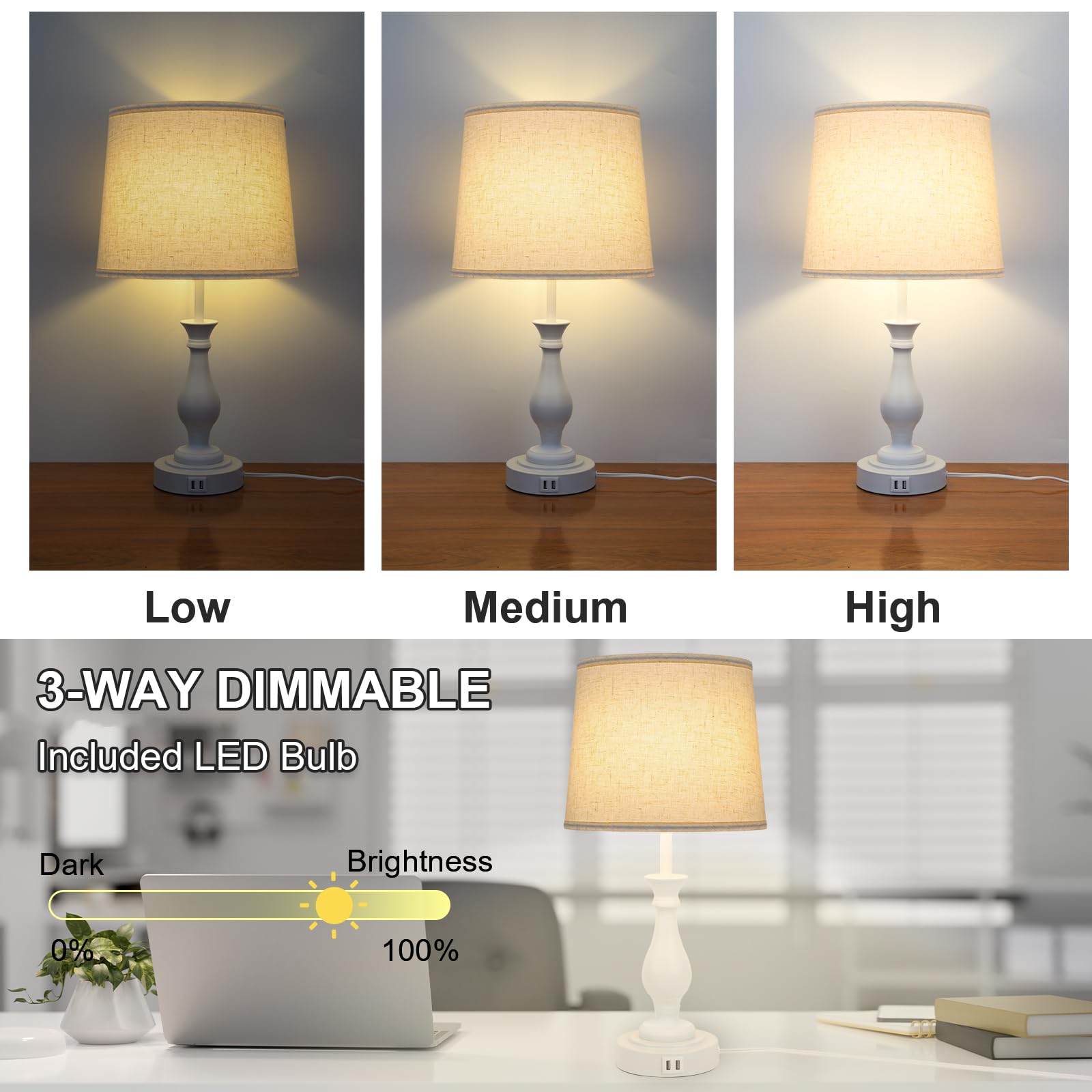 LALISU Farmhouse Table Lamp Touch Control 3-Way Dimmable with USB Ports, Fabric Shade, Off White, Pack 1