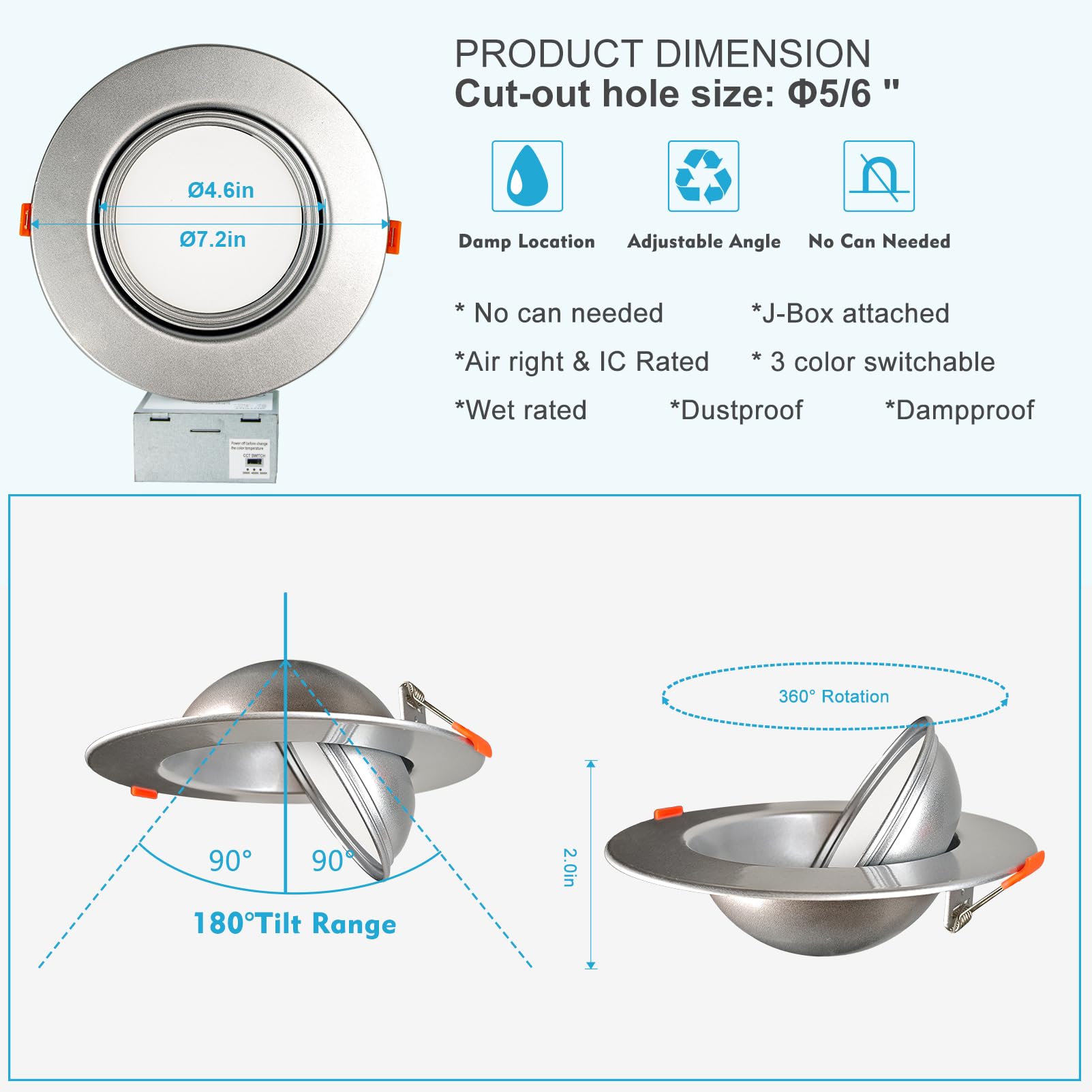 Lightdot 12 Pack 6 Inch Led Gimbal Recessed Lighting  360+90 Adjustable  3Cct Selectable & Dimmable (5%-100%)  1300Lm Ultra Bright Canless Downlight  Etl/Fcc Certified For Living Room/Kitchen-Silver