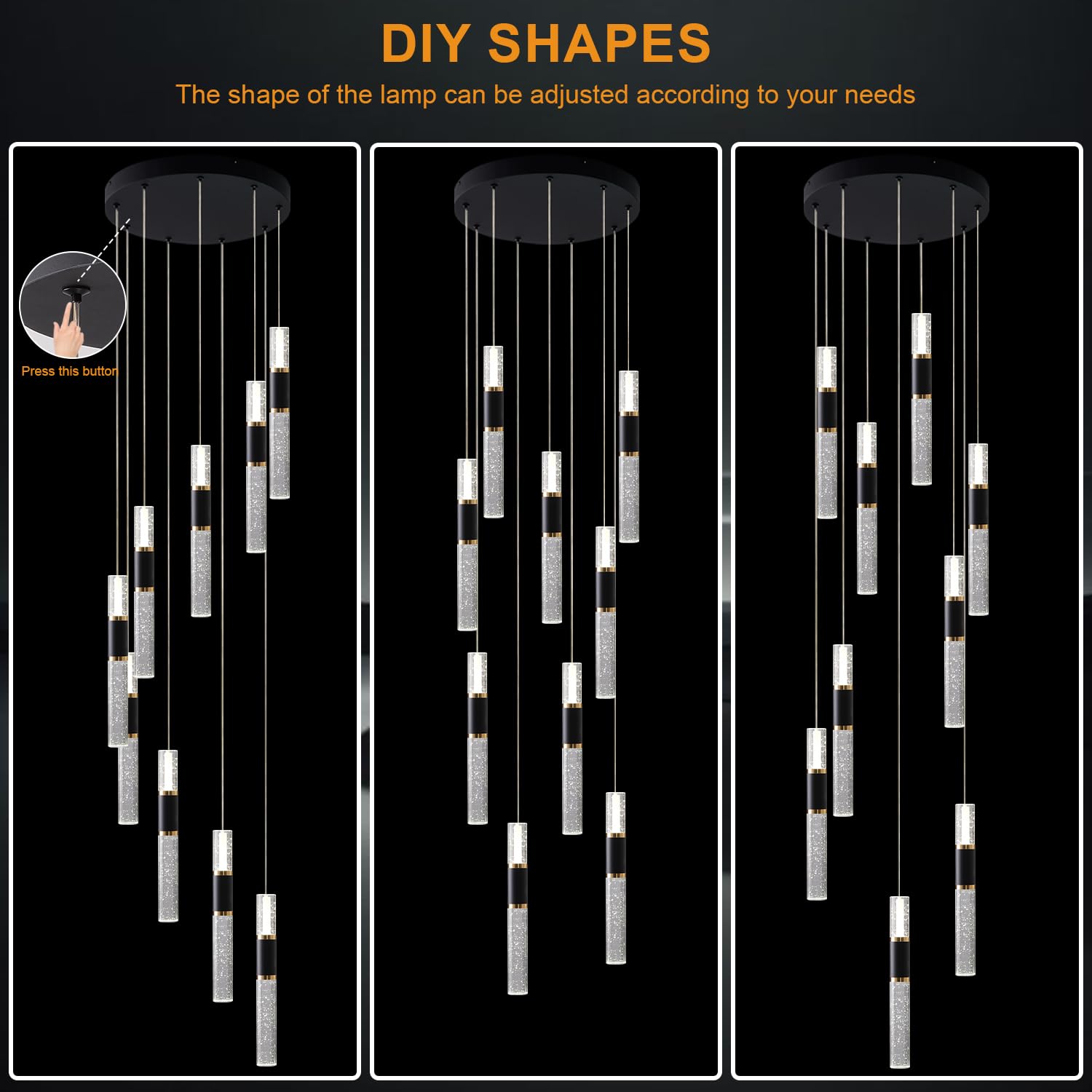 Led Chandelier,Black And Gold Modern Led Chandelier For High Ceilings,9-Light Foyer Chandelier For Entryway,Dimmable High Ceiling Chandelier For Staircase W Remote (3000K-6500K,10%-100% Brightness)