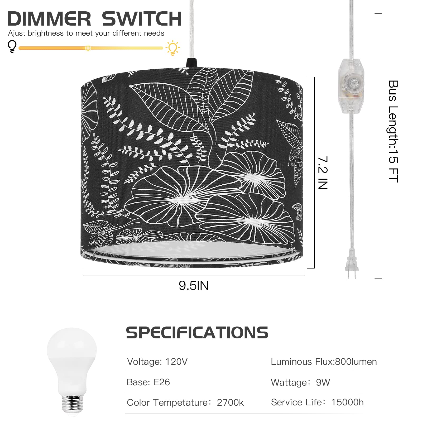 Cinsary Plug In Pendant Light, Hanging Light With Plug In Cord With Dimmable Switch, Hanging Lamp With 15 Ft Clear Cord, Black P