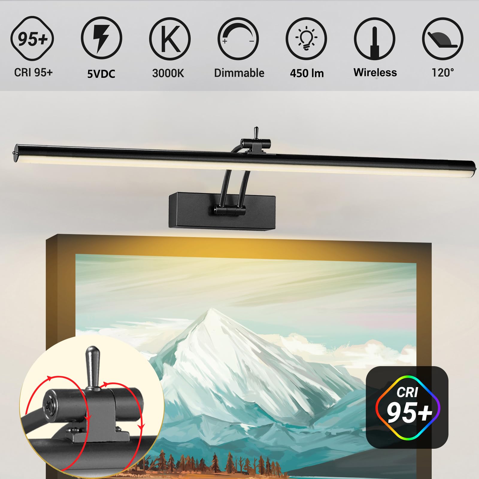 Yuichoy 2 Pack 24 Inch Picture Light Battery Operated For Wall, Wireless Display Art Lighting For Painting With Remote, Dimmable