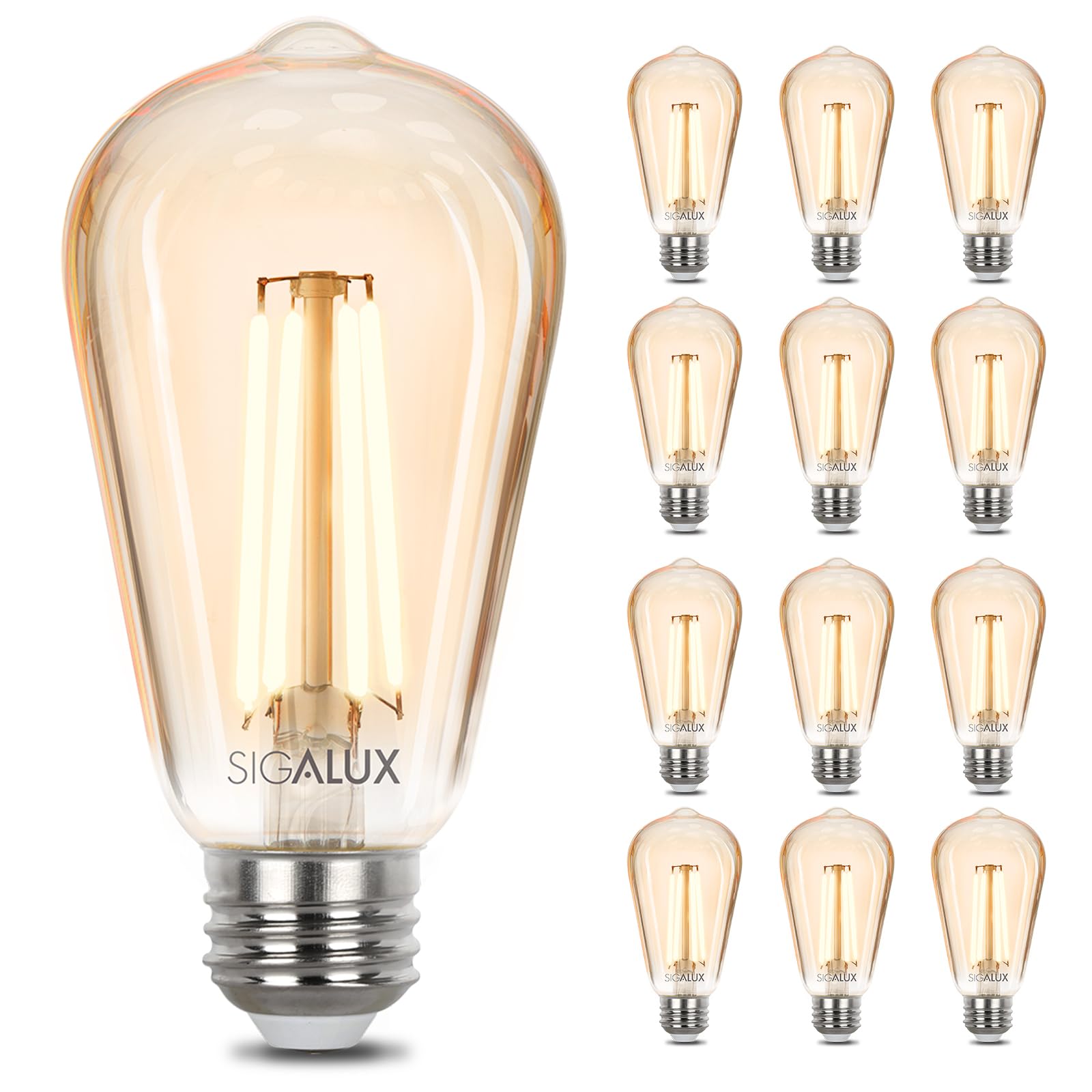 Sigalux E26 LED Bulb 60W Dimmable Vintage Light Bulbs 12 Count Amber Soft White ST19
