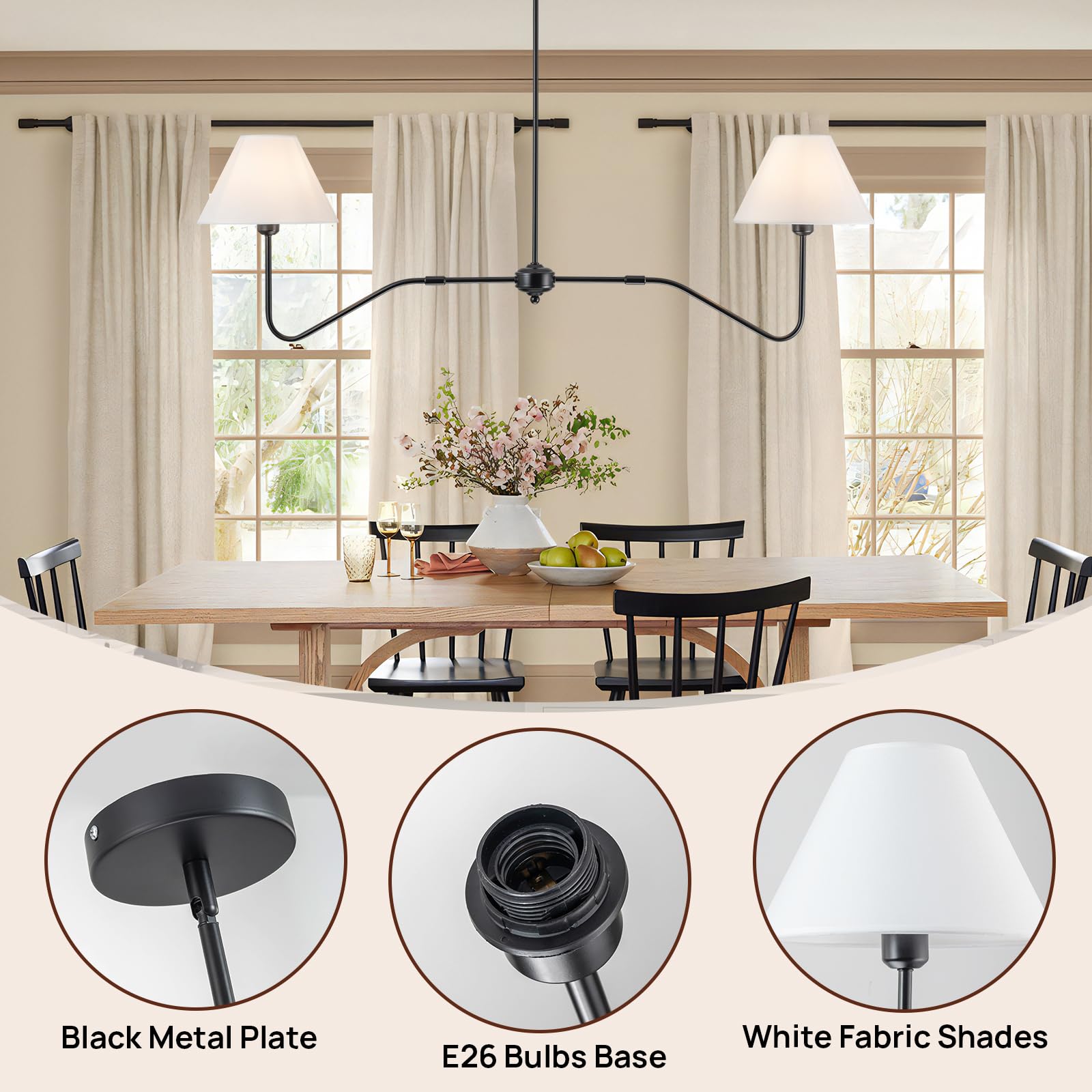 Jsdorsy 2-Light Modern Linear Chandelier For Dining Room  55 Inch Farmhouse Kitchen Island Lighting With White Fabric Shades  Hanging Lighting Fixtures For Living Room Bedroom