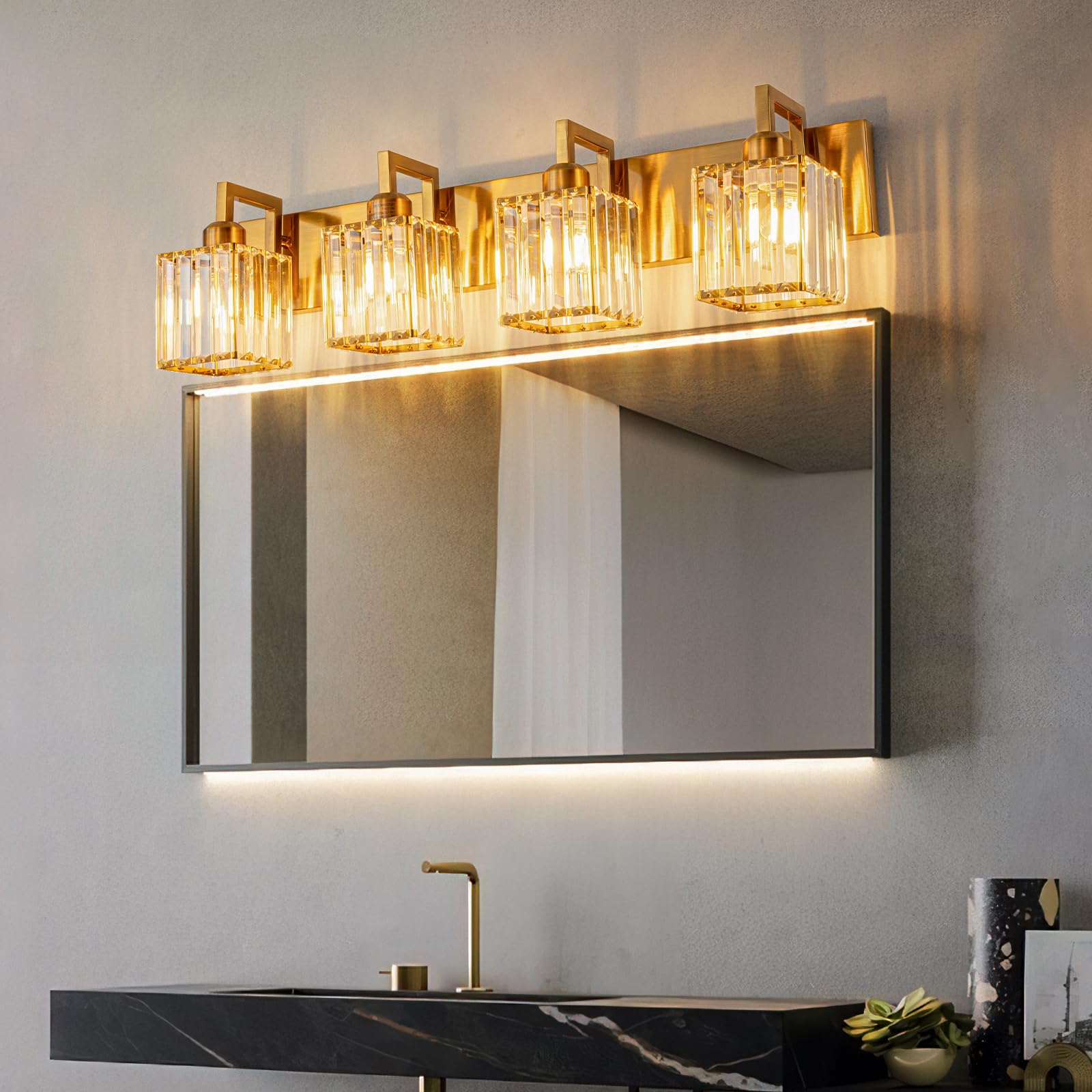 FDPBY Modern Crystal Bathroom Vanity Light - 4-Light Wall Lamp, Gold Brushed Brass Finish, Model JW-003, Metal Material