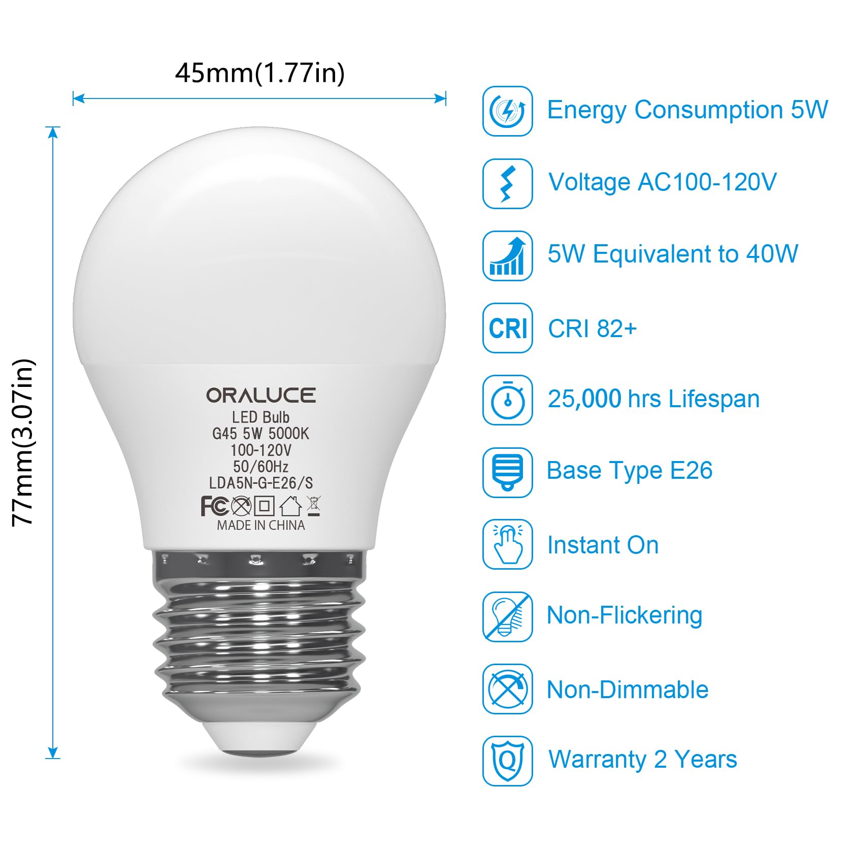 Oraluce A15 Led Bulb 5 Watts Daylight White 5000K,40W Equivalent Table Lamp Bulb, E26 Standard Screw Base G45 Shape Small Light