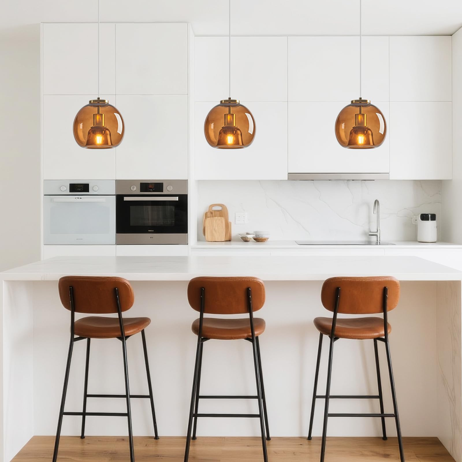 Lbsqj Brown Glass Pendant Lights Kitchen Island Gold Hanging Light Fixture Glass Globe Pendant Light Modern Pendant Lighting For Kitchen Island Bedroom Dining Room (7.87  2 Pack)
