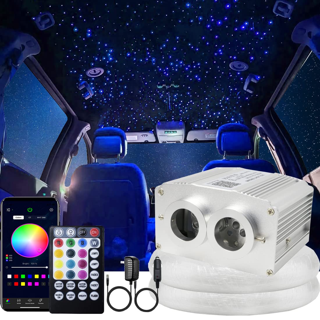 AZIMOM Dual Port 16W Twinkle Bluetooth Fiber Optic Lights Star Ceiling Light Kits Mixed860pcs*13.1ft Fibers Strands Sound Activa