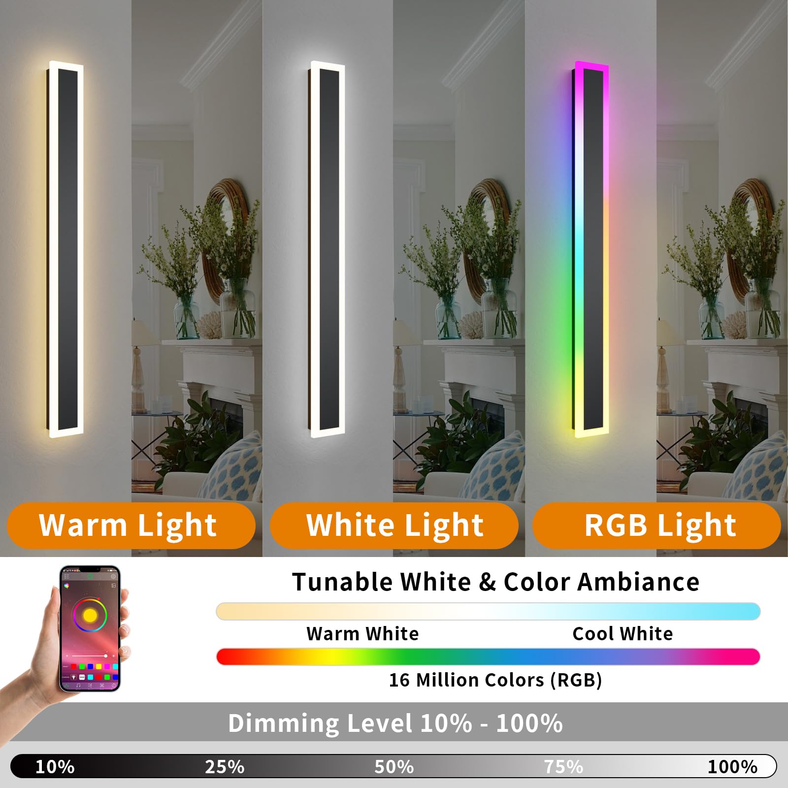 LannlKer Outdoor RGB Long Wall Lights, 31.5in Dimmable LED, IP65 Waterproof, Remote & APP Control, Acrylic, Model BD-RGBICW80