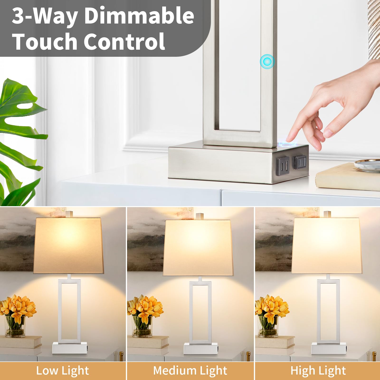 Touch Control Table Lamps For Living Room, 3-Way Dimmable Modern Table Lamp With Usb A+C Charging Ports & Ac Outlets, Bedside Co