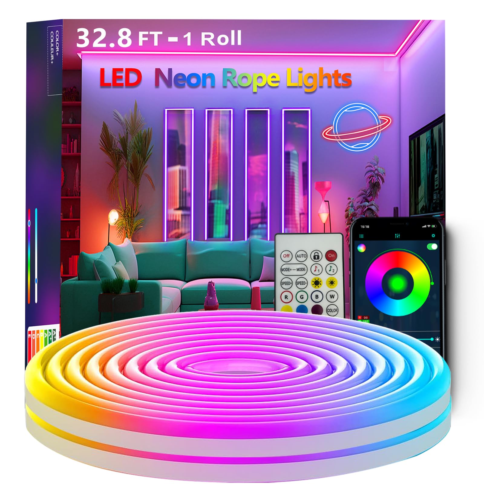 Bvokon RGB Neon Rope Lights, 32.8FT Flexible LED Strip, App/Remote Control, Music Sync, IP65 Waterproof