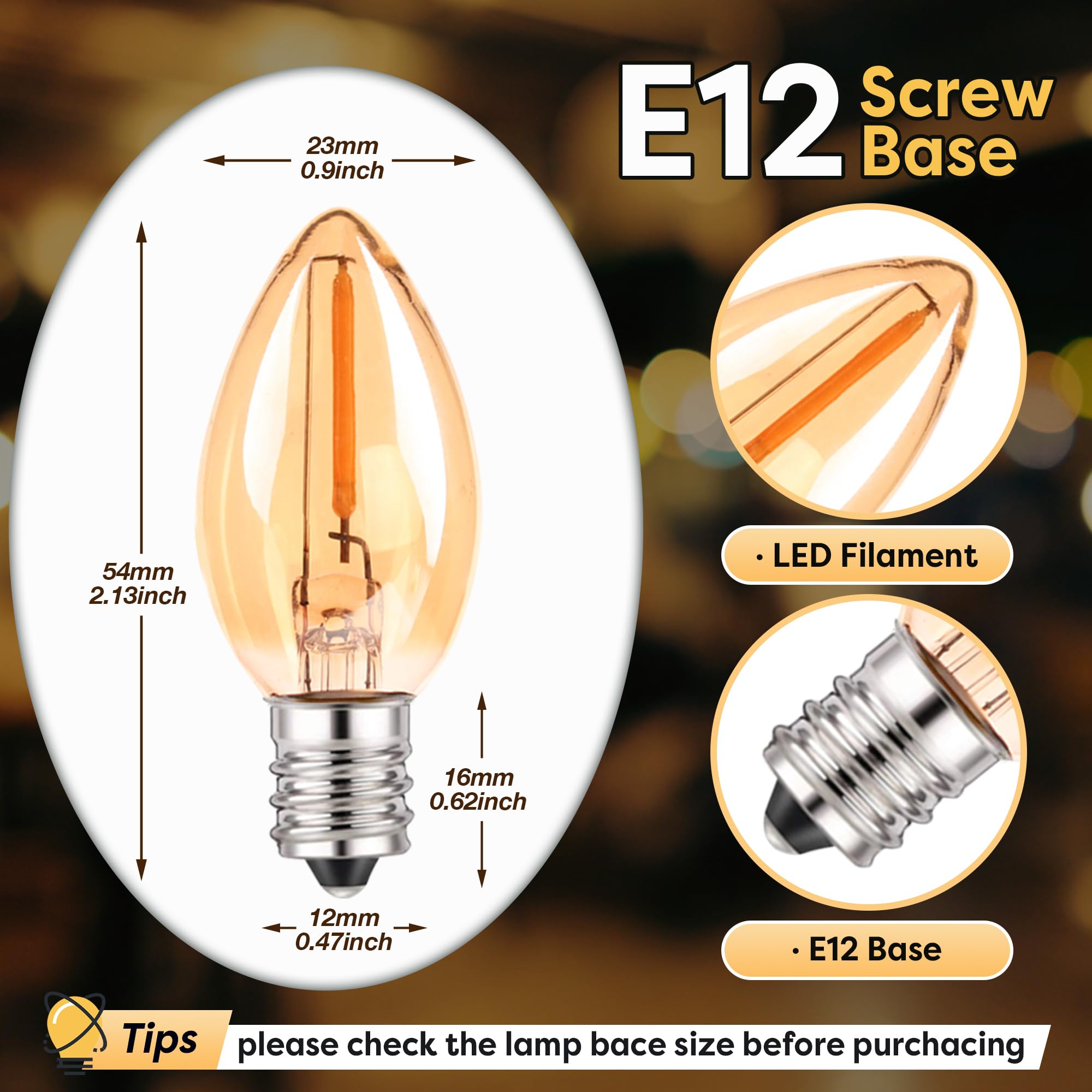 C7 Led Night Light Bulbs 0.5W, E12 Candelabra Base Candle Light Bulb Warm 2200K Equivalent 5W/7W Incandescent Bulb, Mini Light B