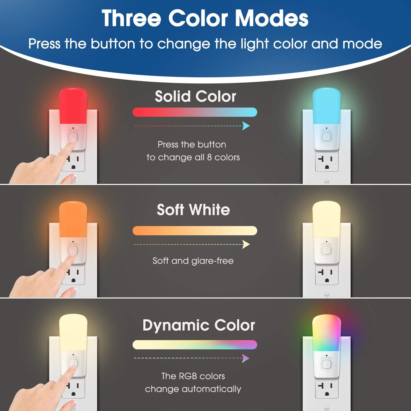 Lohas Led Night Light For Kids, 9-Color Changing, Dusk To Dawn Sensor, Plug-In Night Light For Hallway, Stairway, Bedroom - 2 Pa