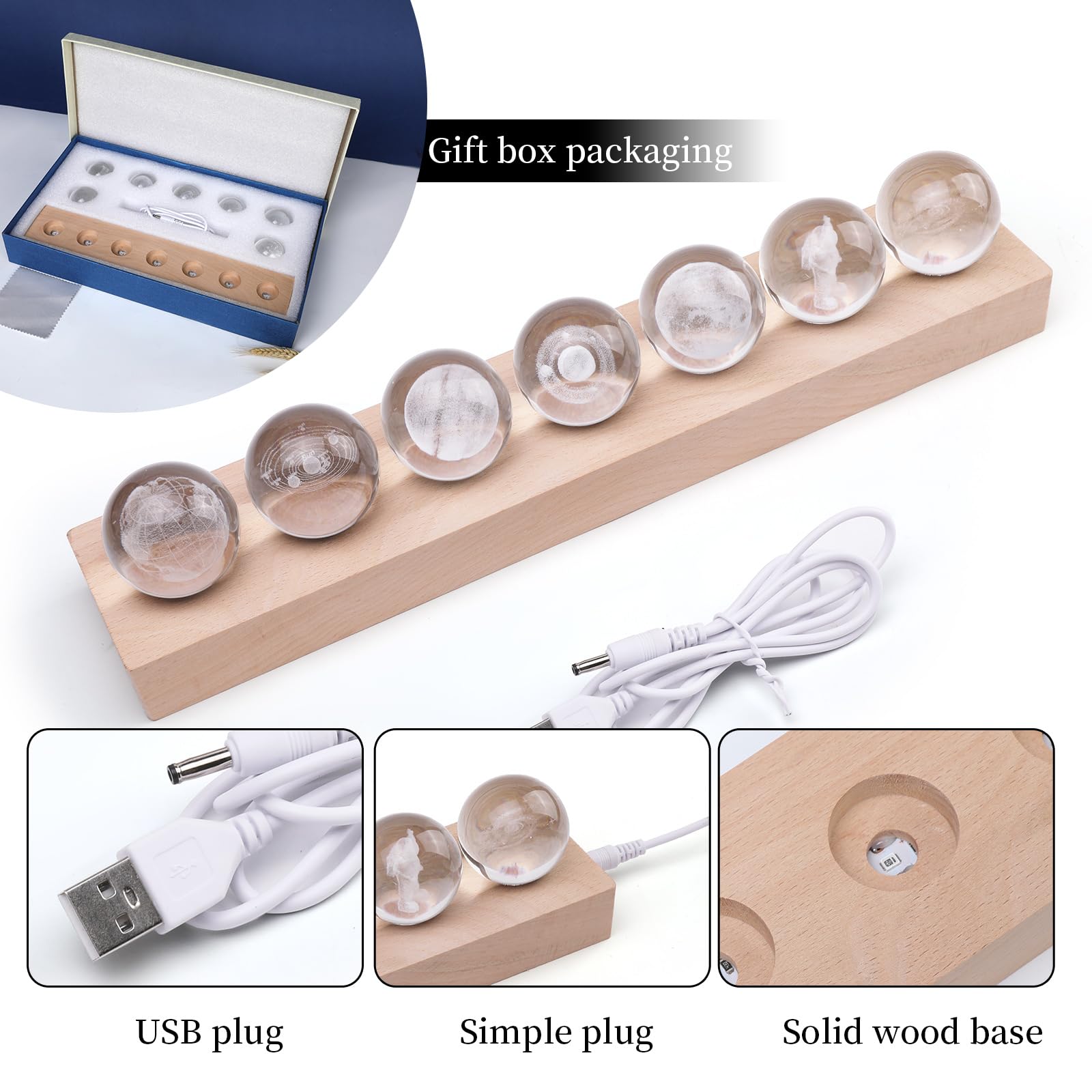 7 Pcs Planet Crystal Ball Night Light Celestial Balls Lamp With Led Wooden Base, 3D Earth Moon Saturn Galactic System Crystal Ba