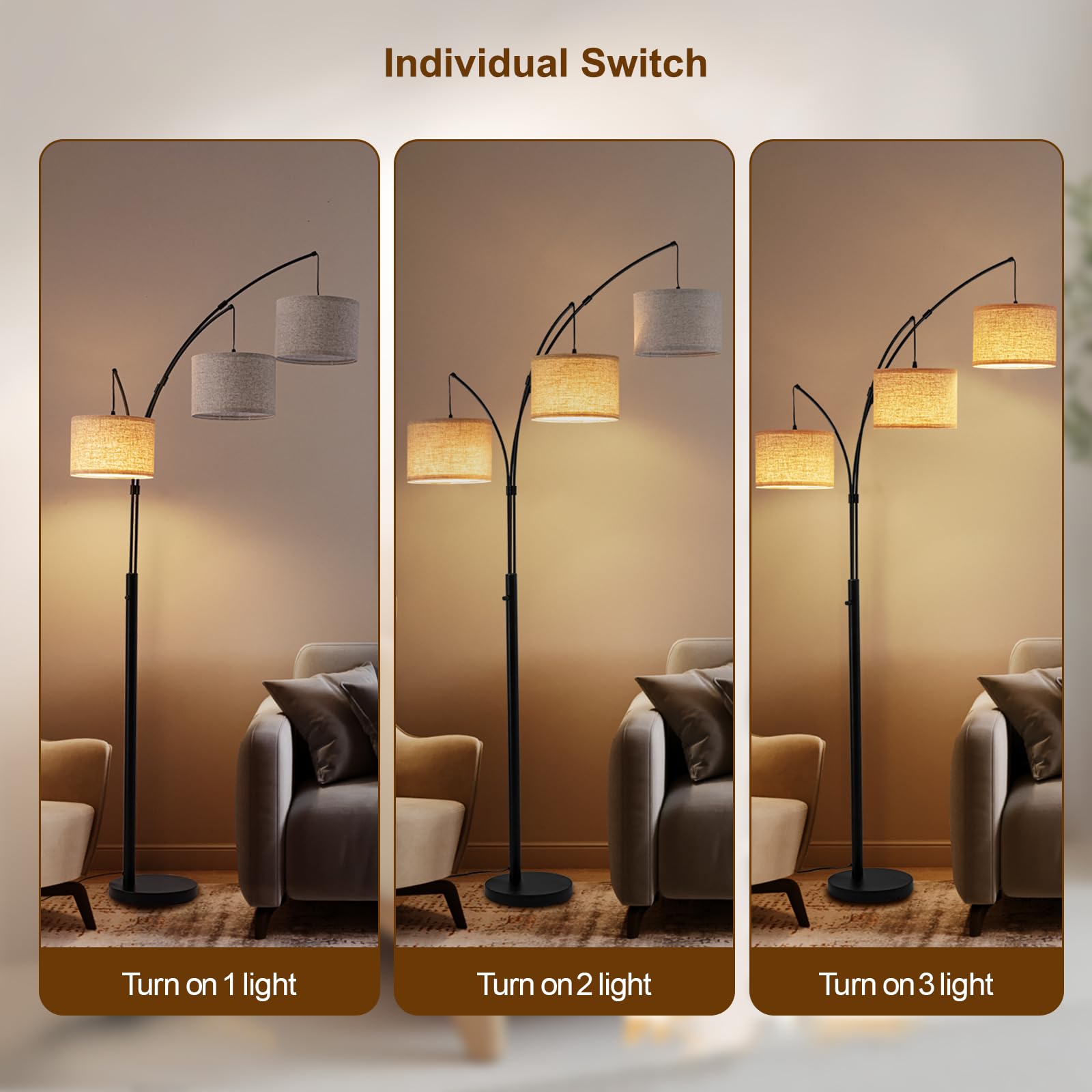 Fansdrick Arc Floor Lamp - 2400LM Super Bright, Remote Control, 80" Tall, Black-Linen Shade, Metal, Model NTL-02B