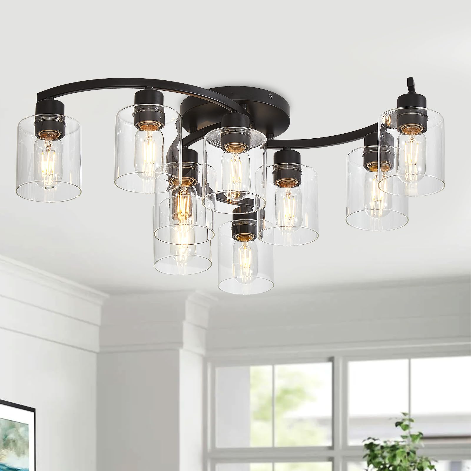 Eatich 9-Light Semi Flush Mount Ceiling Light, Matte Black Ceiling Light Fixture, Farmhouse Dining Room Light Fixture With Clear Glass Shade, Kitchen Light Fixtures Ceiling Mount For Living Room