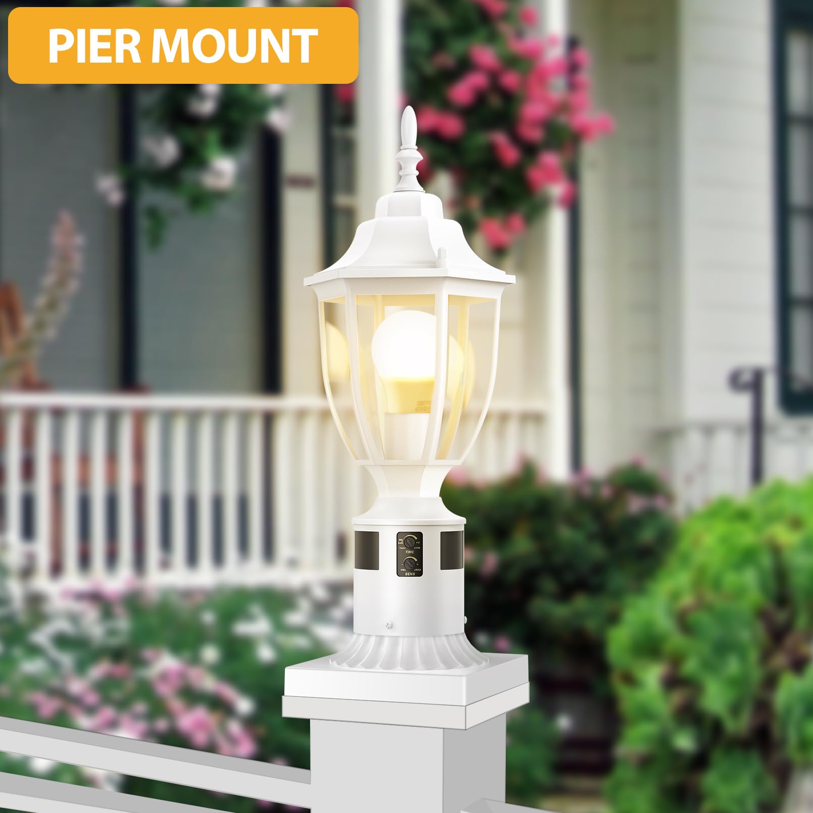 Lamomo Motion Sensor Outdoor Post Light - Waterproof Aluminum Lantern, Dusk to Dawn, White, 1 Pack for Yard, Patio, Garden