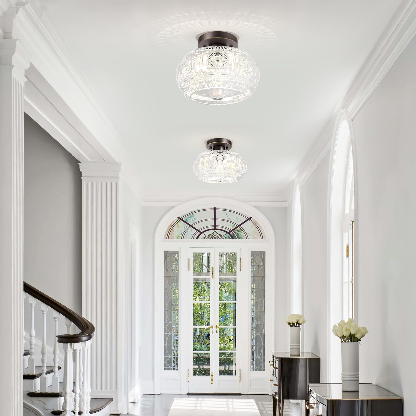 Oykyohei Semi Flush Mount Ceiling Light, Globe Glass Ceiling Light Fixture, Oil Rubbed Bronze With Gold Trim Modern Lighting For