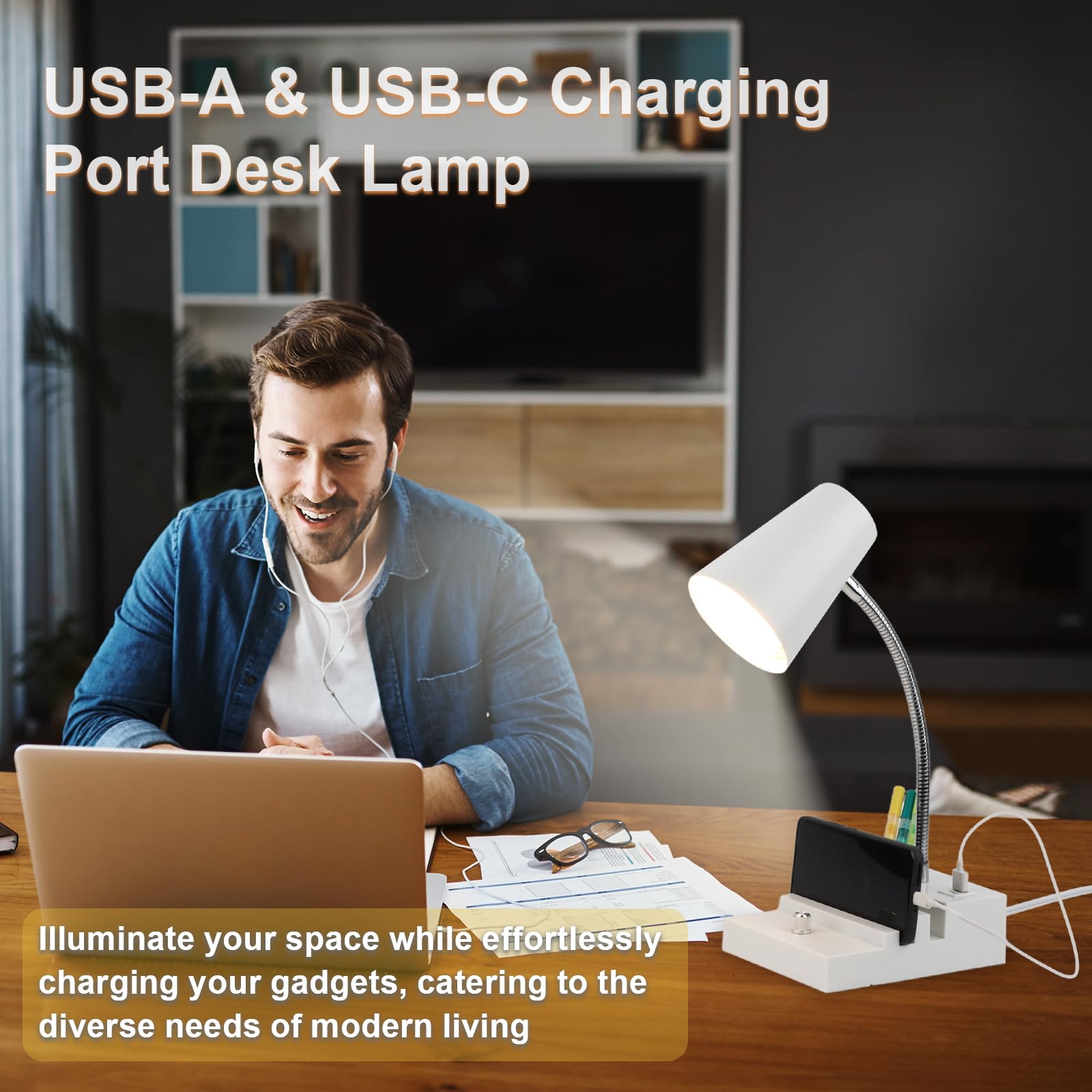 LALISU Study Desk Lamp with USB Charging, Gooseneck, LED, Stepless Dimming, Metal, White, Model LALISUSTU078