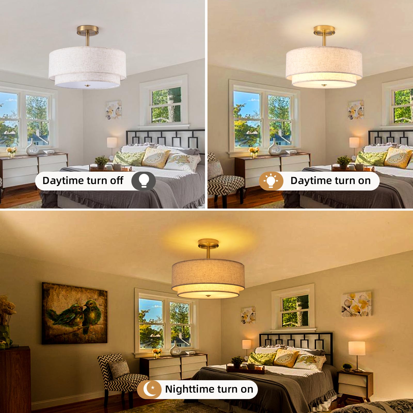 Aufrichting 16'' Semi Flush Mount Ceiling Light Fixture,Modern Close To Ceiling Light, 3-Lights Gold Drum Ceiling Light With Lin